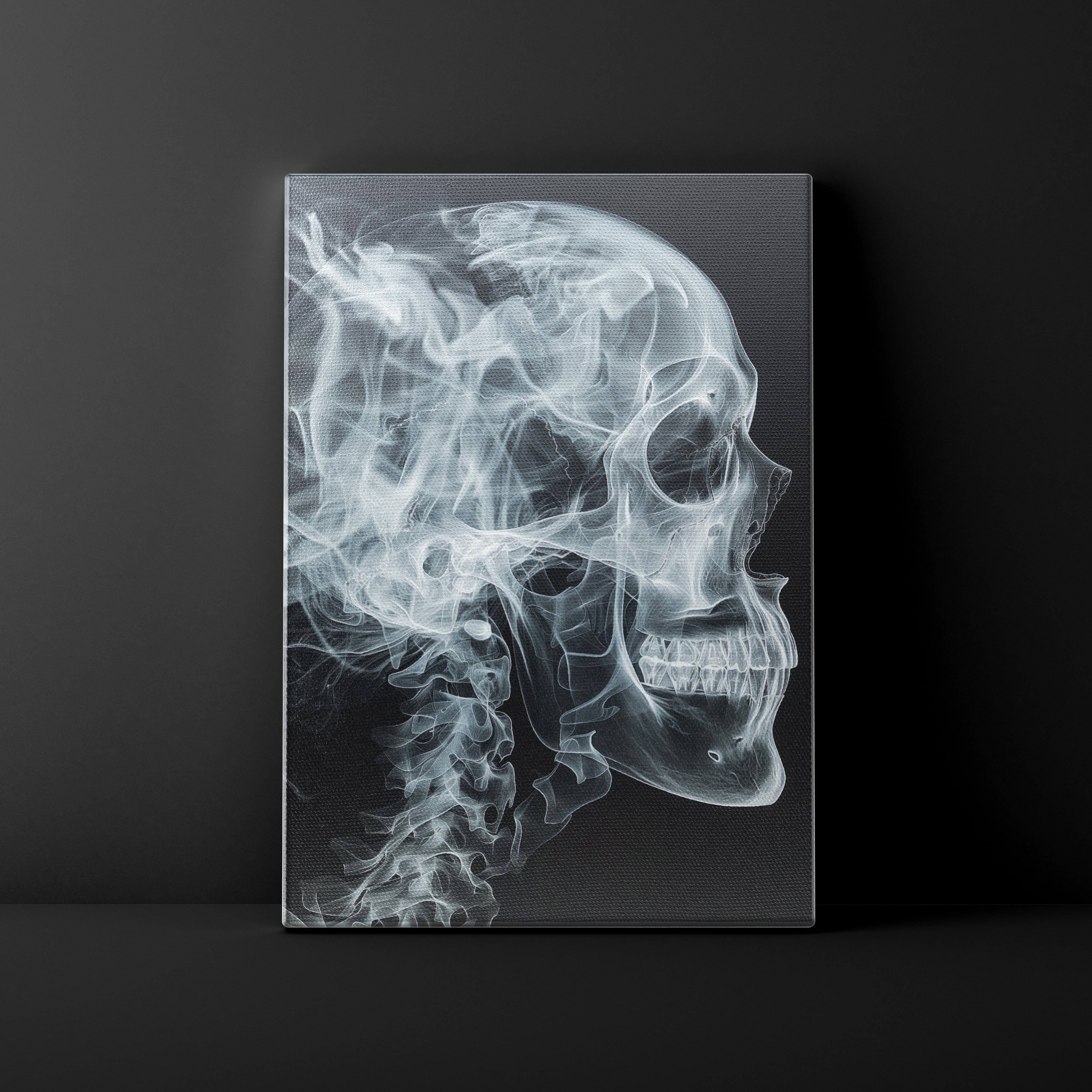 Canvas print of a skull and neck x-ray on a black background