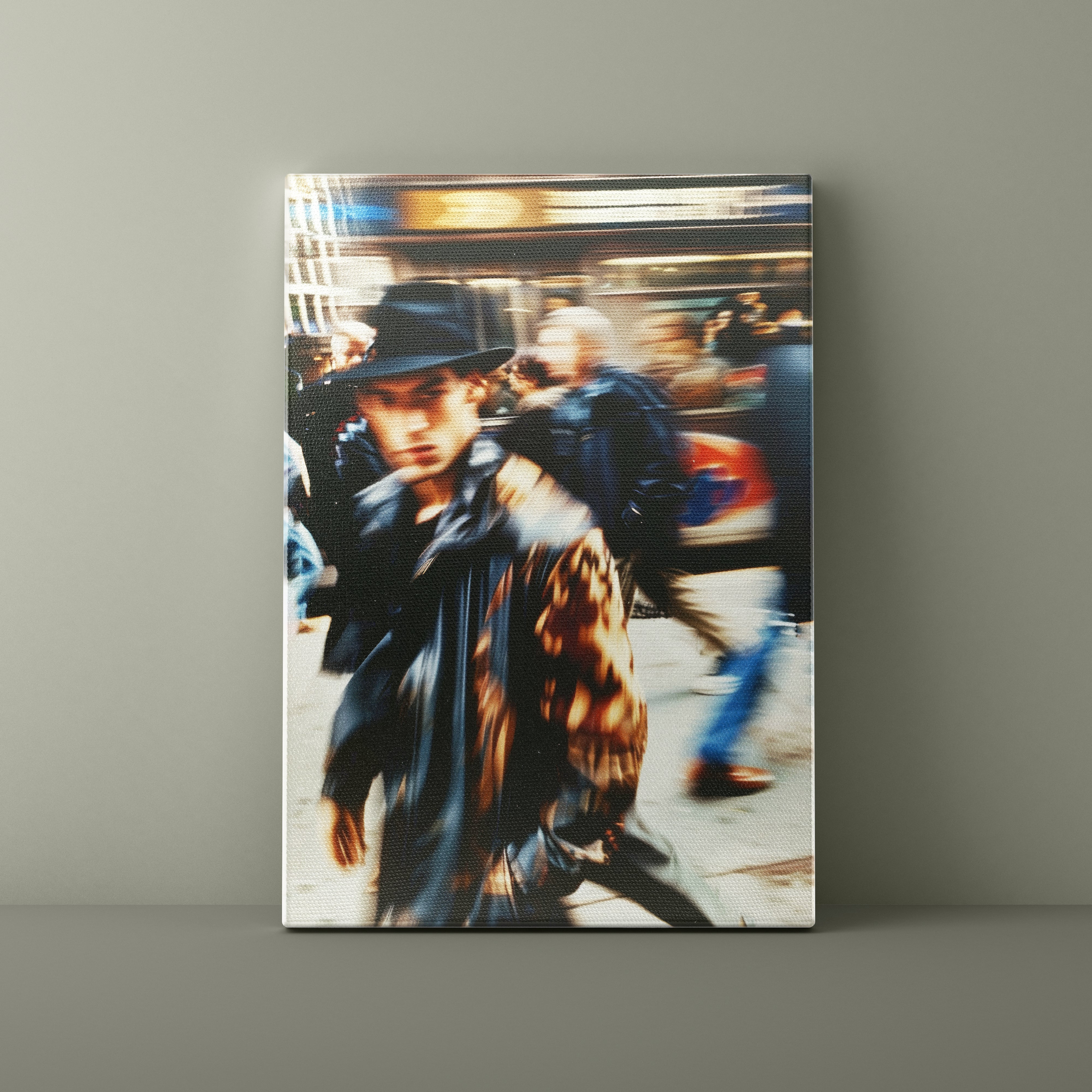 Canvas print of a person in a hat and coat against a blurred city street background