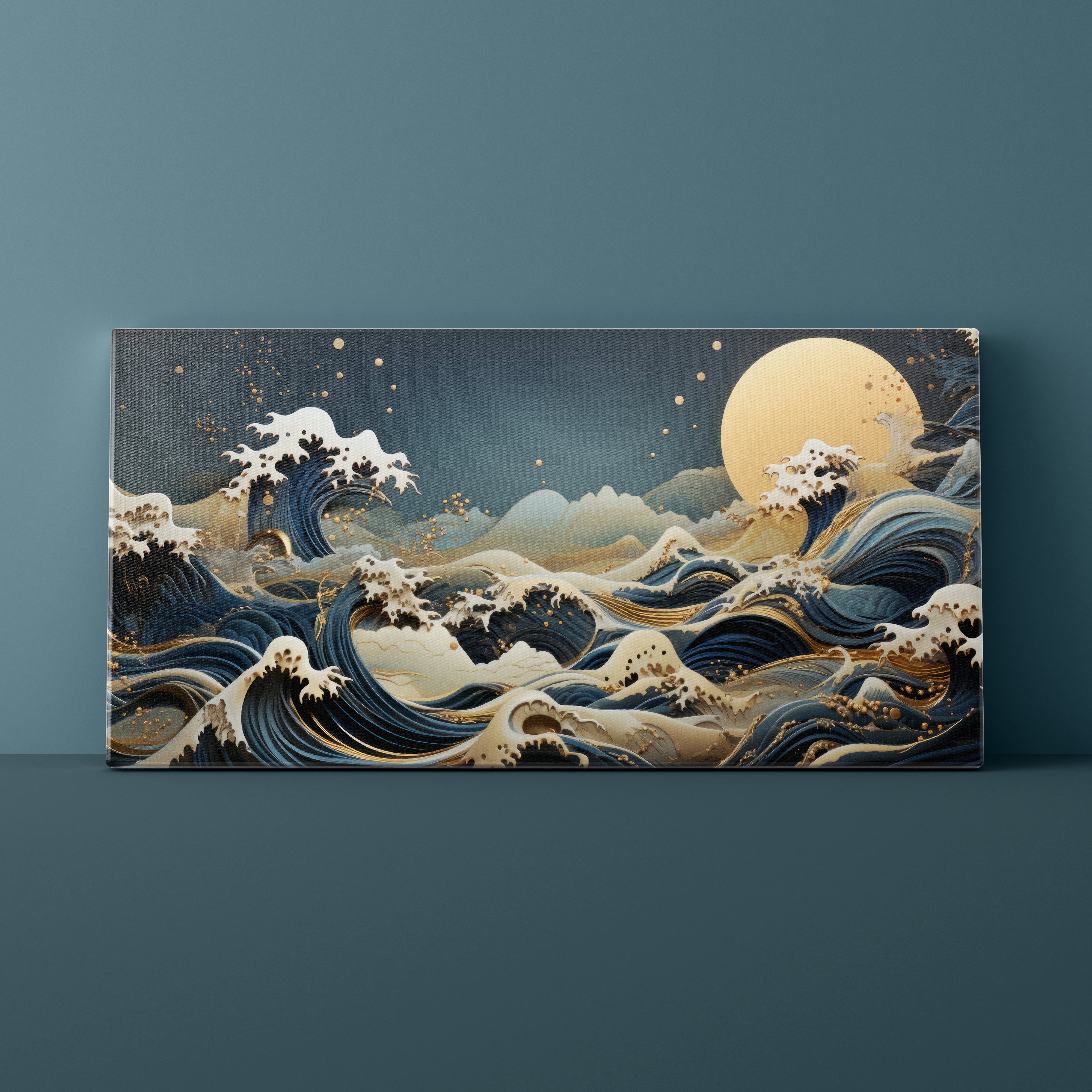 Canvas print of a stylized wave design with a moon on a dark blue background