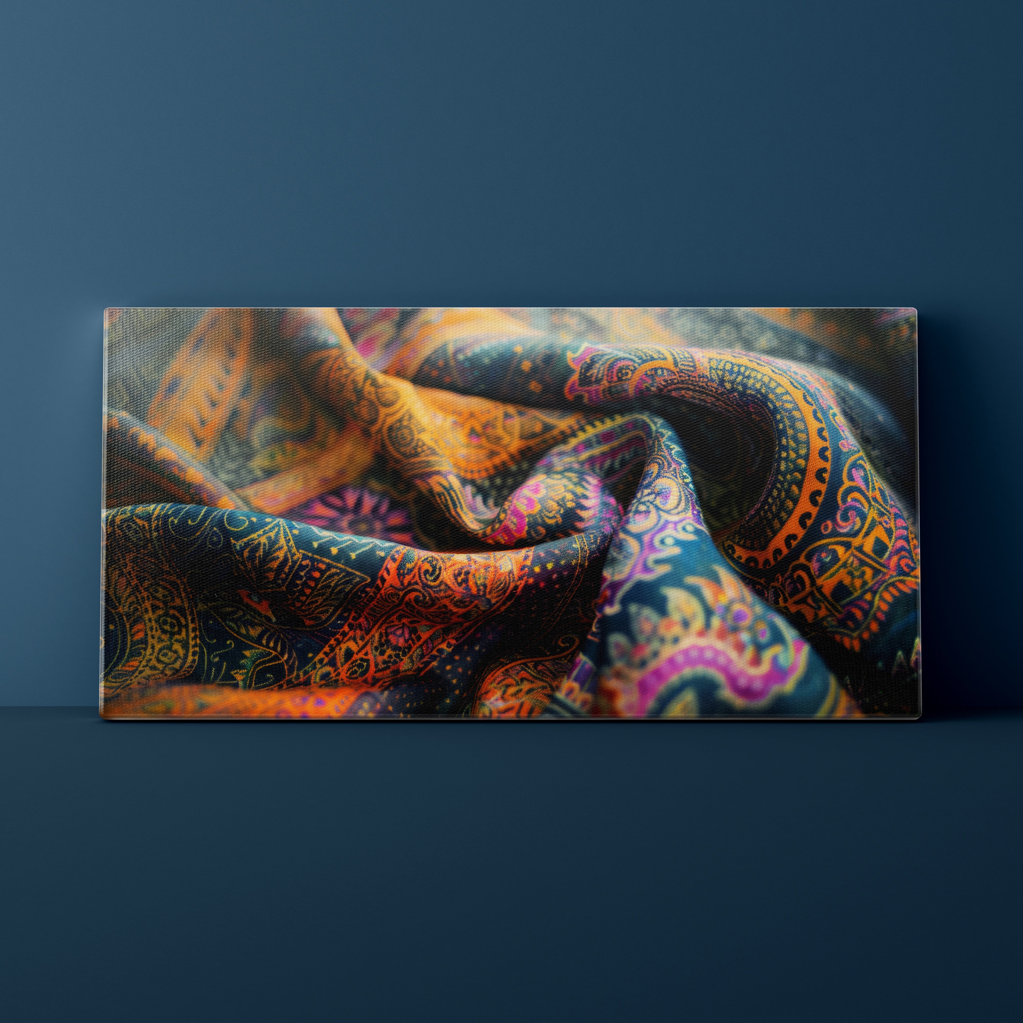Colorful patterned fabric on a dark blue background