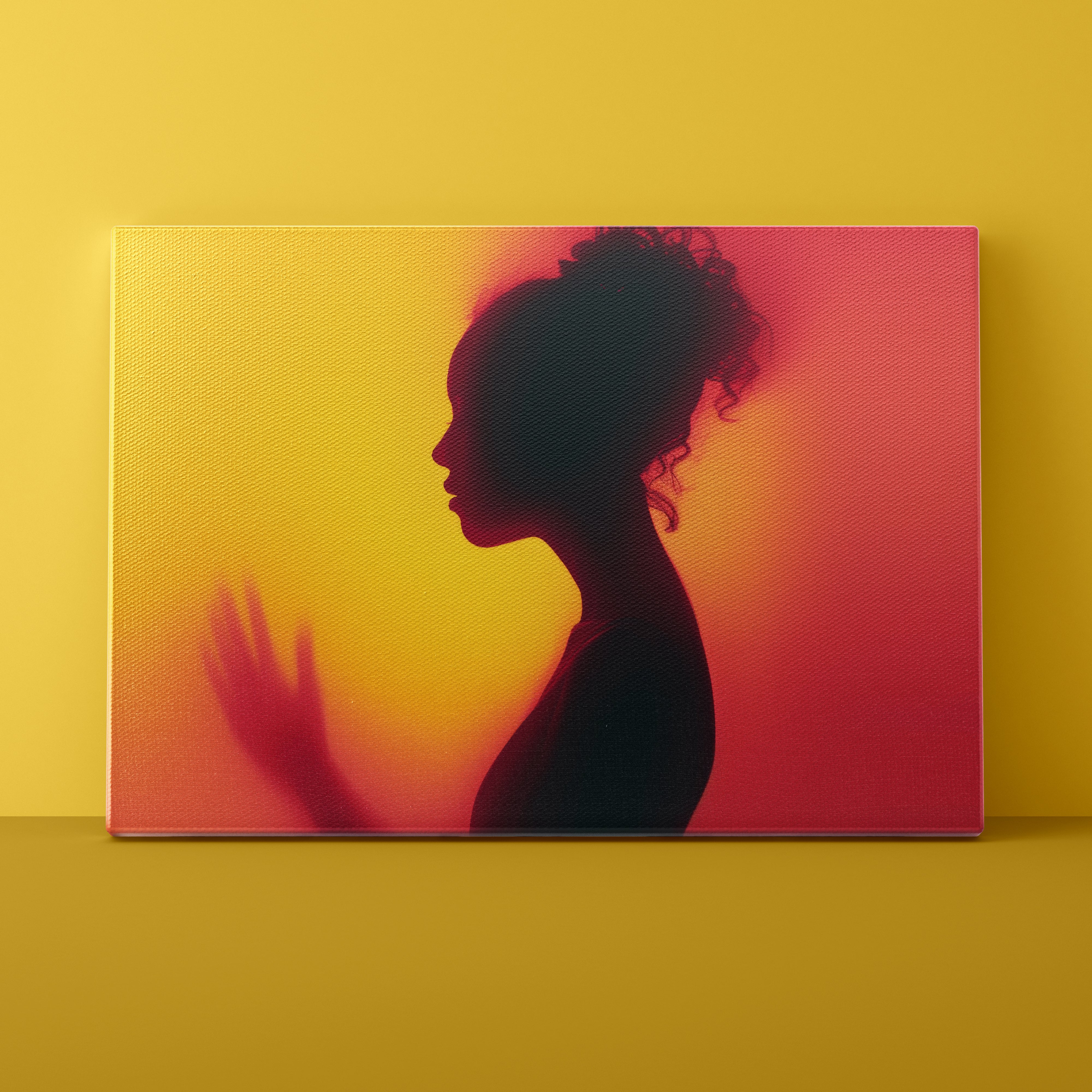 Canvas print of a silhouette against a sunset gradient on a yellow wall.