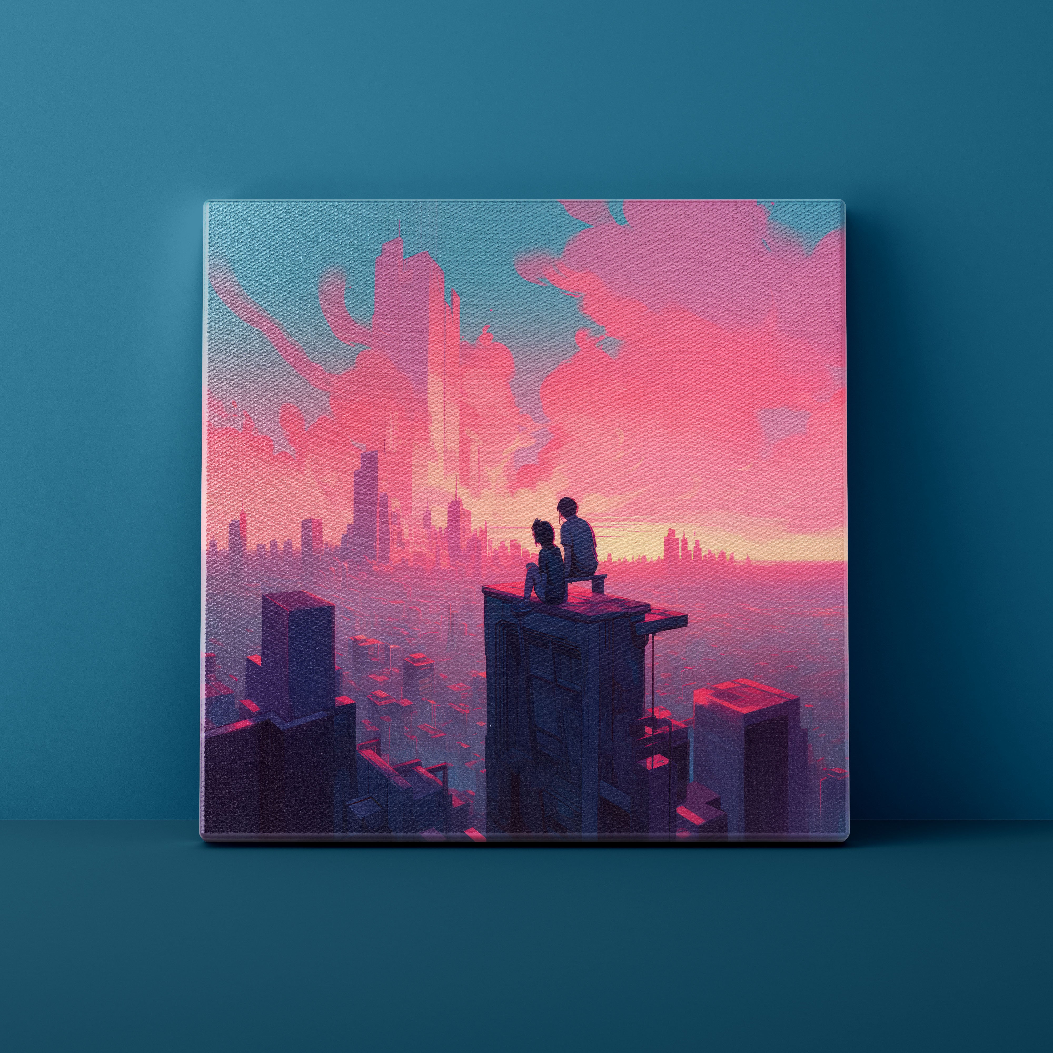 Canvas print of a futuristic cityscape with two people on a rooftop, set against a blue wall.