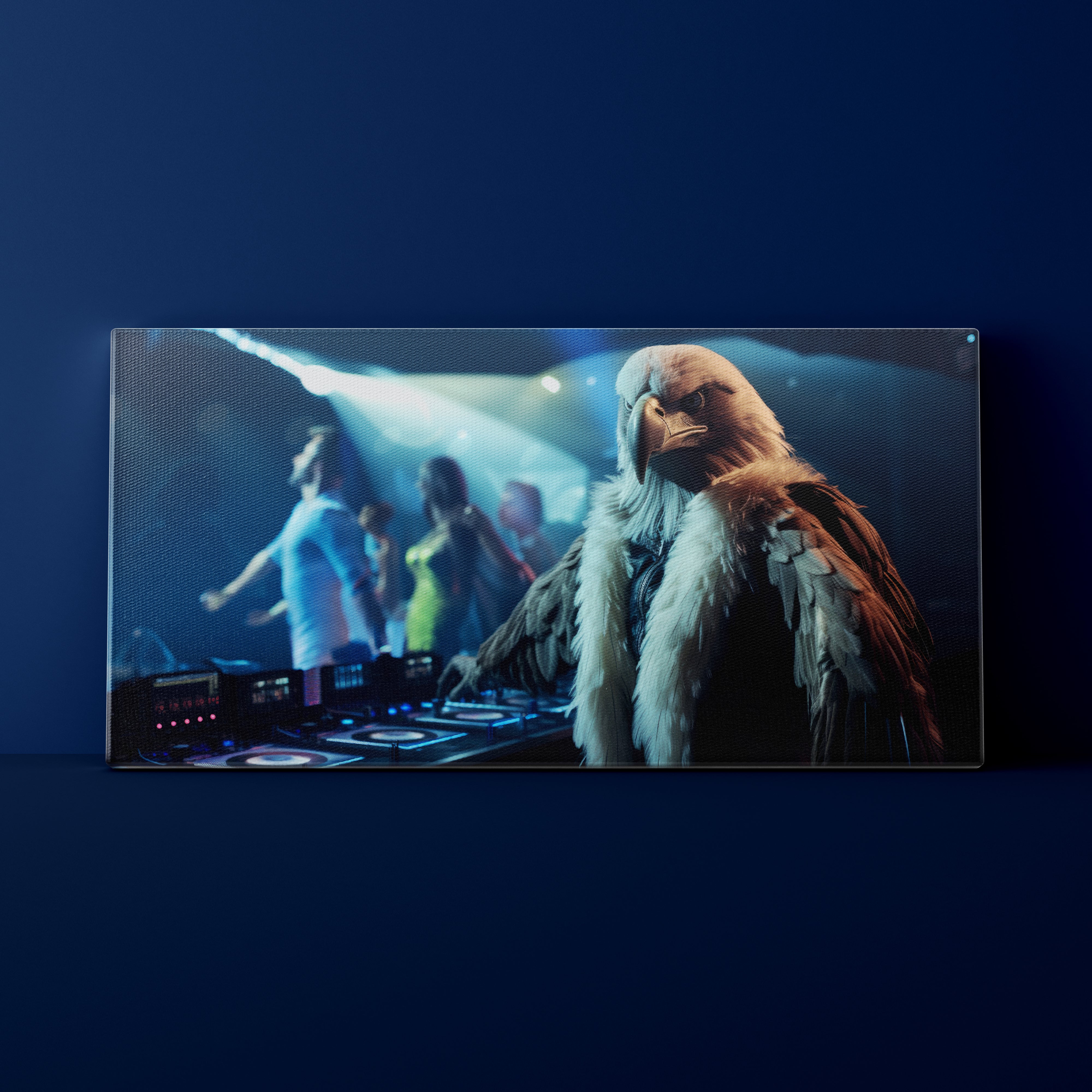 Person in a costume resembling a creature with fur and a mask, standing behind DJ equipment on a dark blue background.