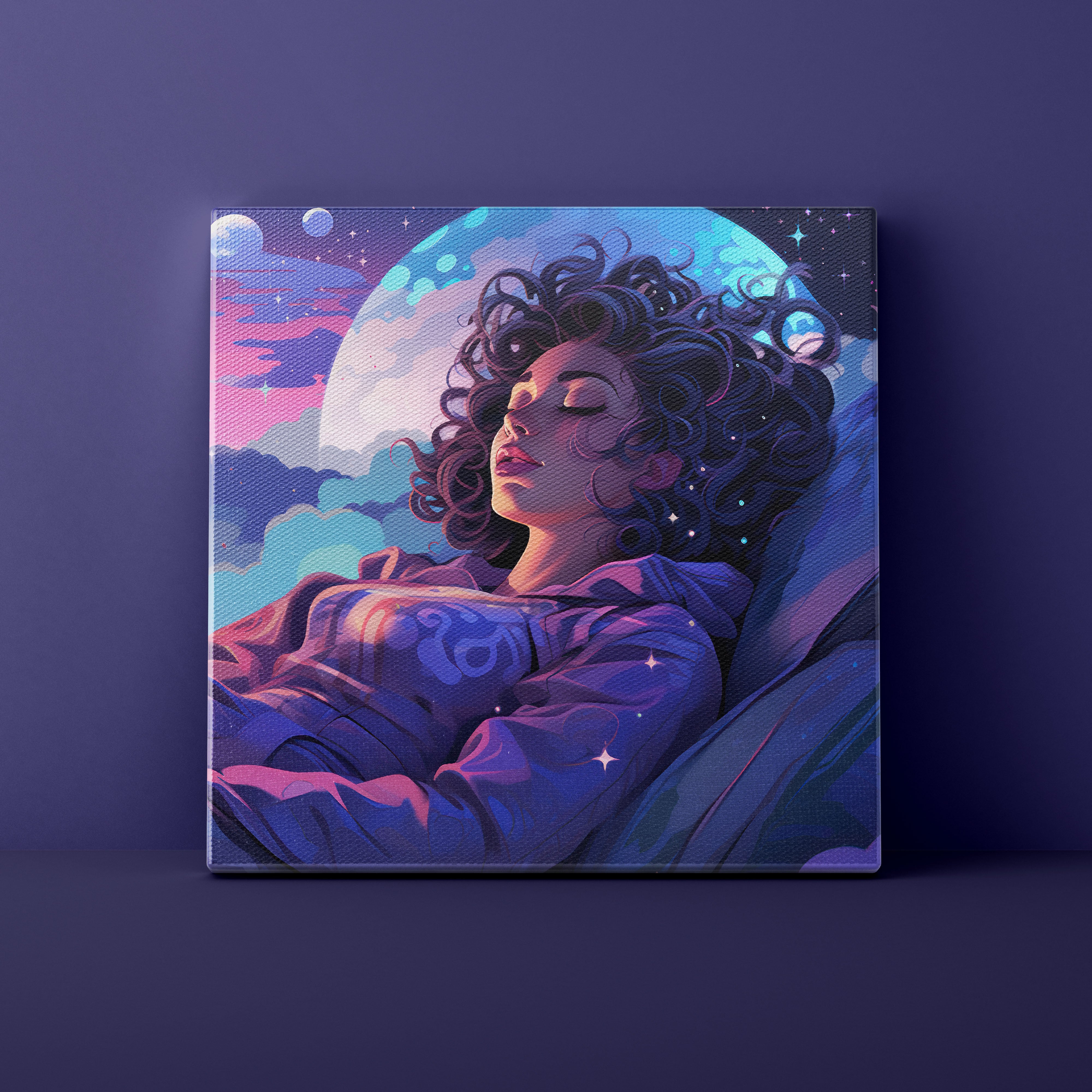 Canvas print of a woman with curly hair against a cosmic background on a dark purple wall.