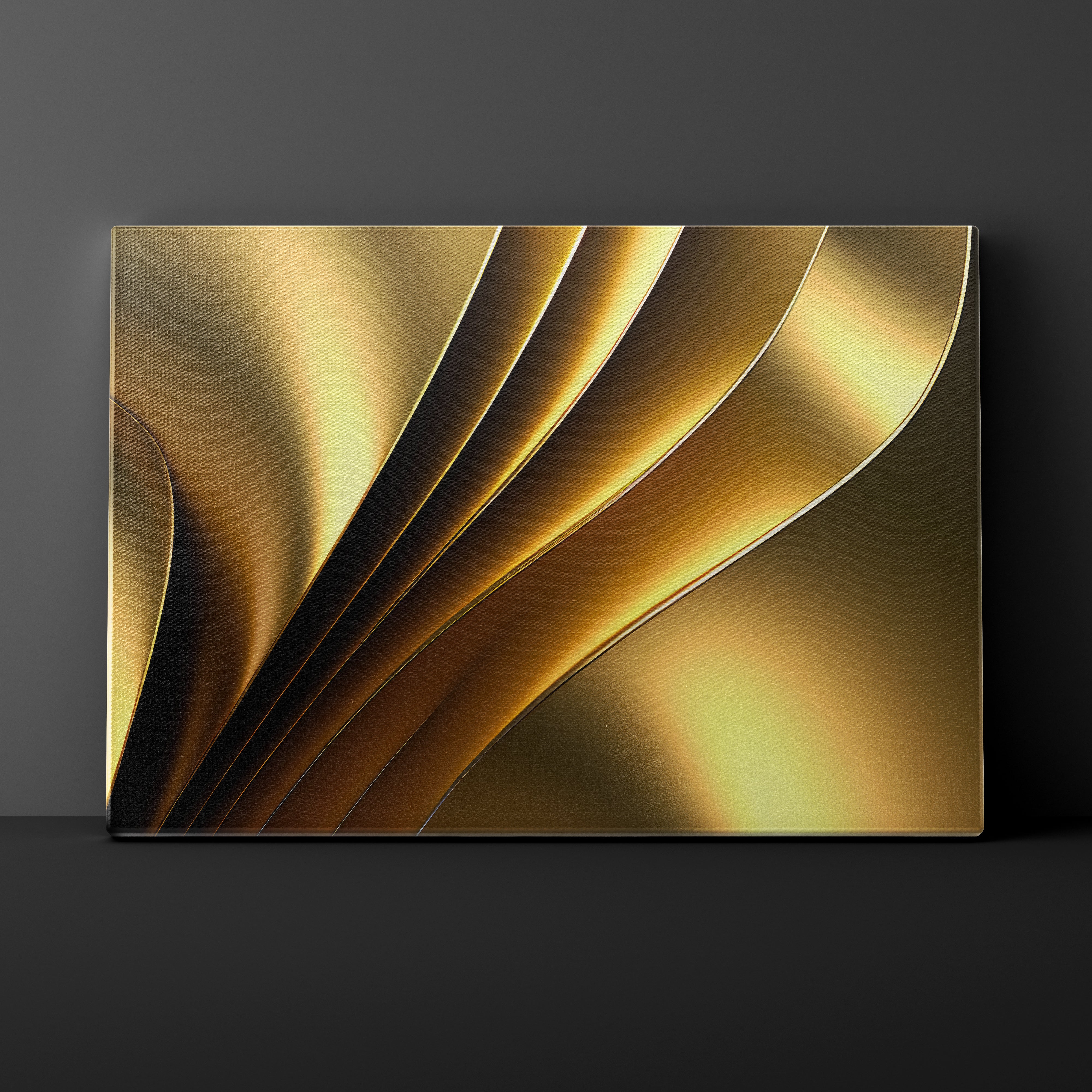 Gold abstract wall art on a dark gray background