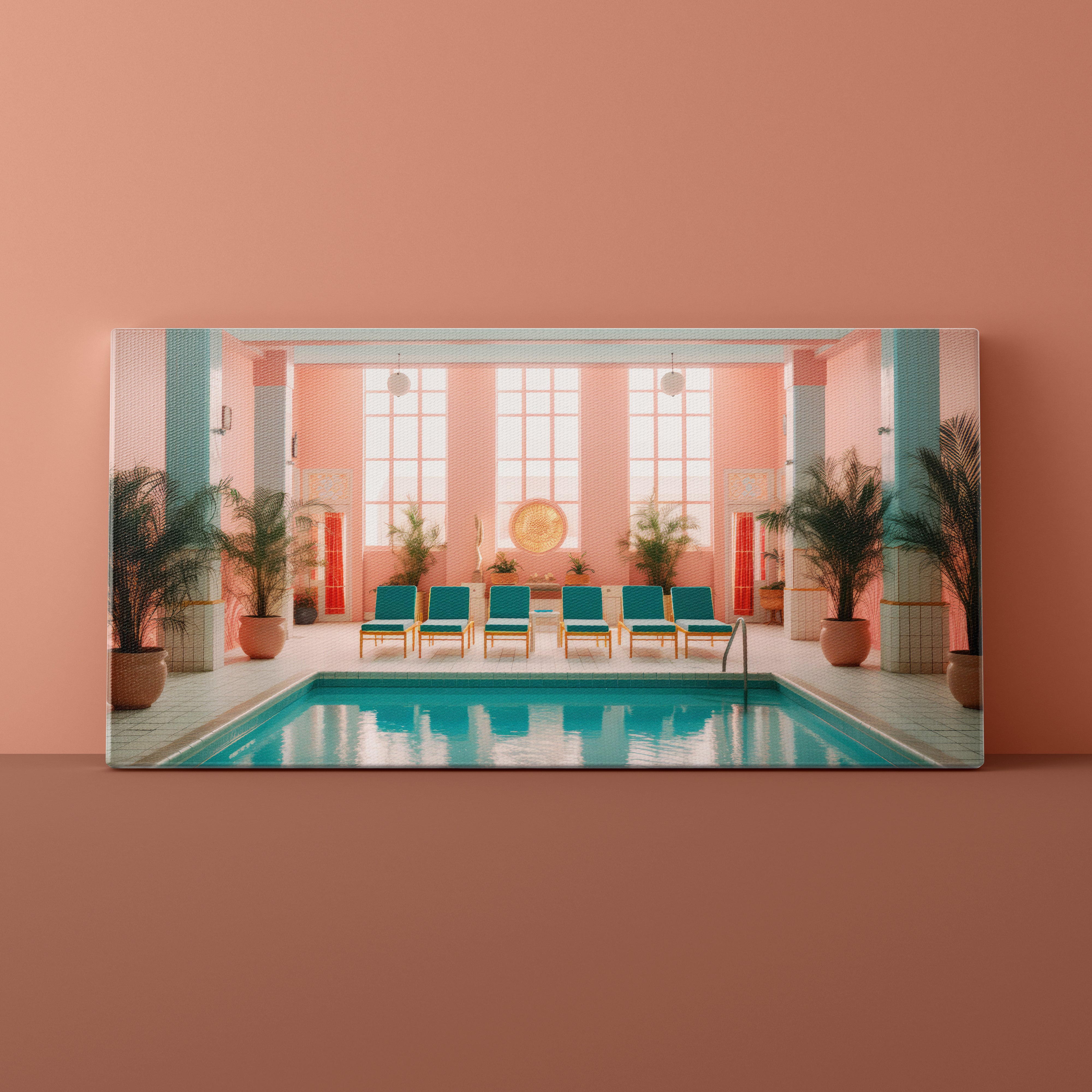 Modern indoor pool area with chairs and plants against a pink wall.