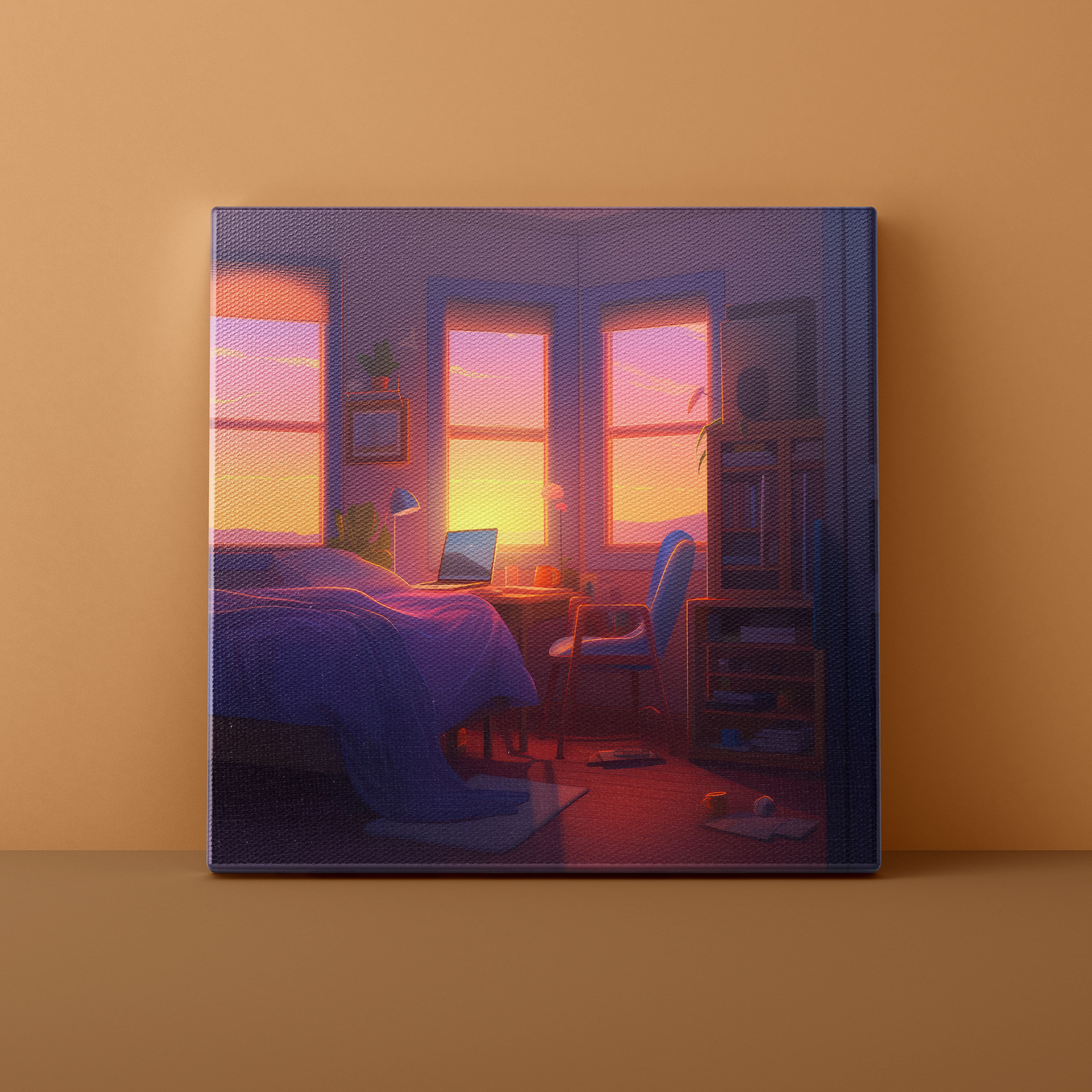 Framed artwork of a bedroom with a sunset view on a beige wall