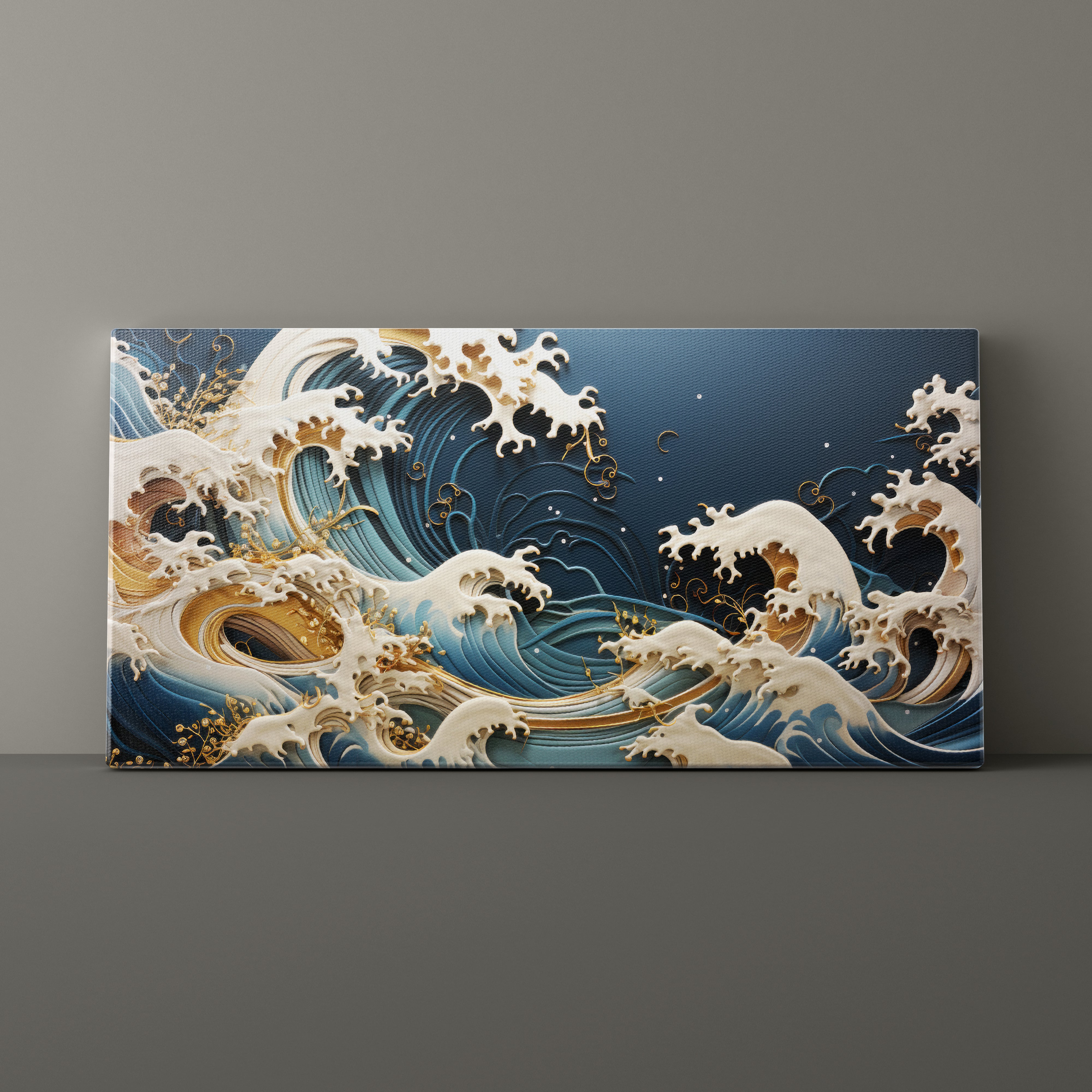Decorative wall art of stylized waves on a dark gray background