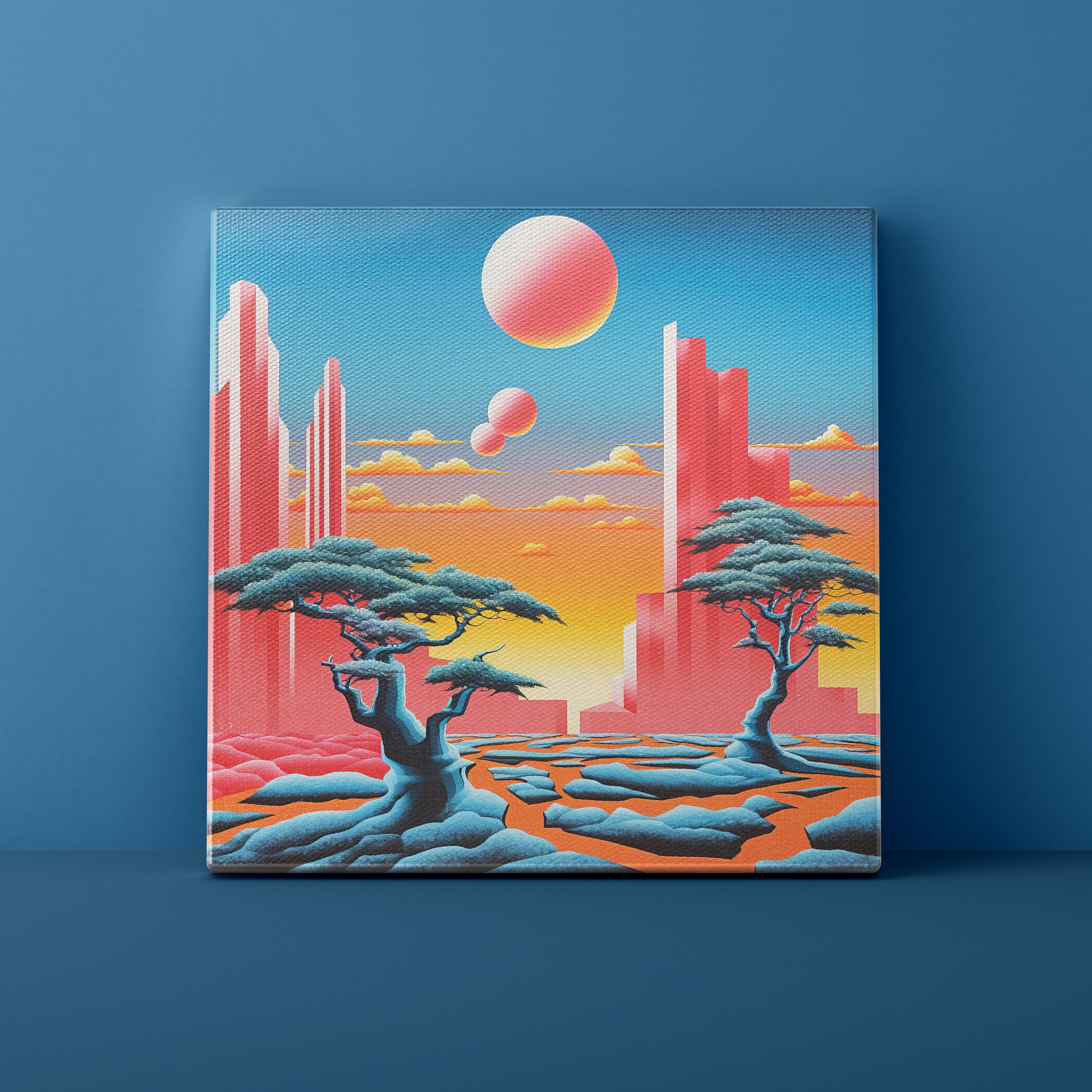 Futuristic landscape with red skyscrapers, green trees, and a pink sun on a blue background
