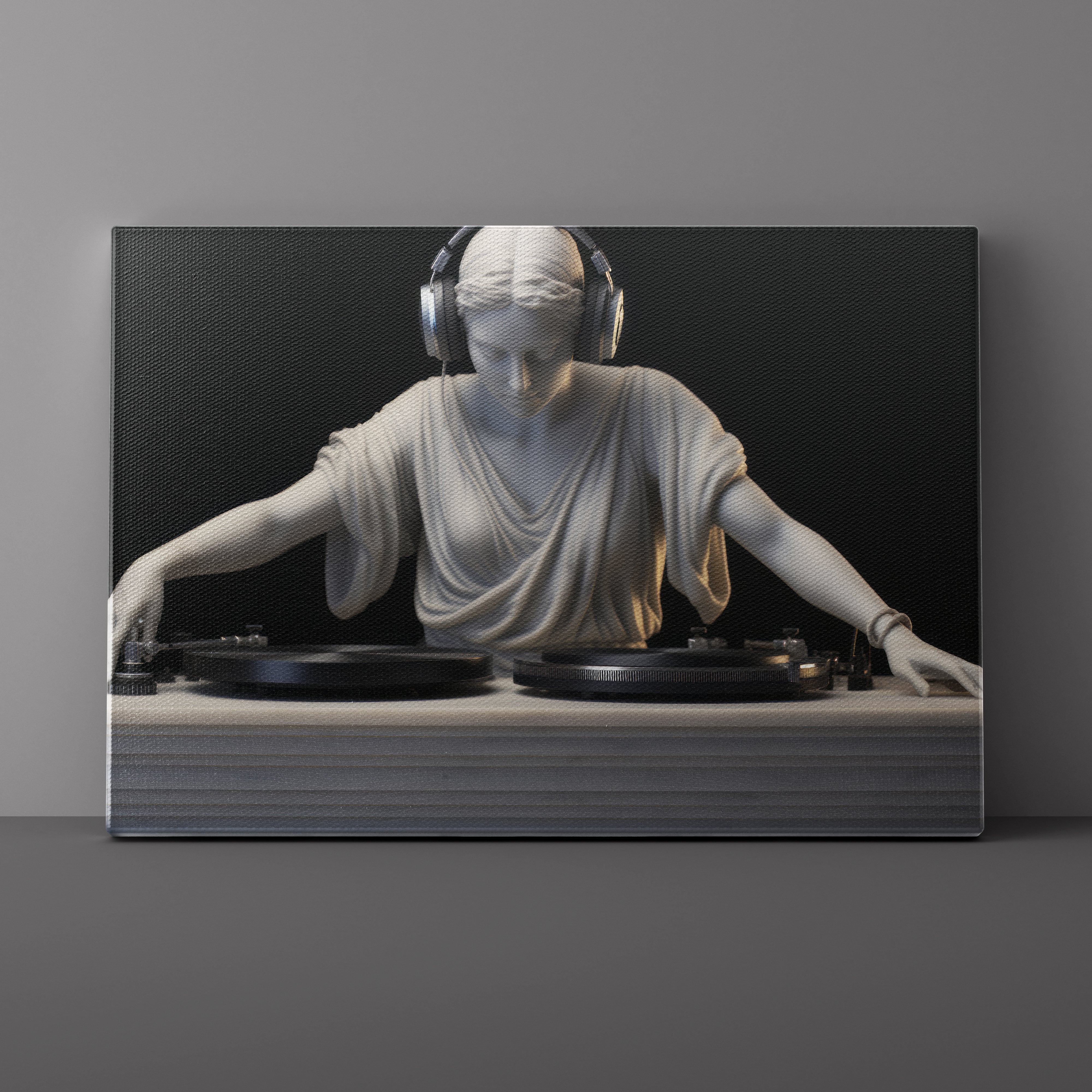 Statue of a person DJing with headphones on a dark background