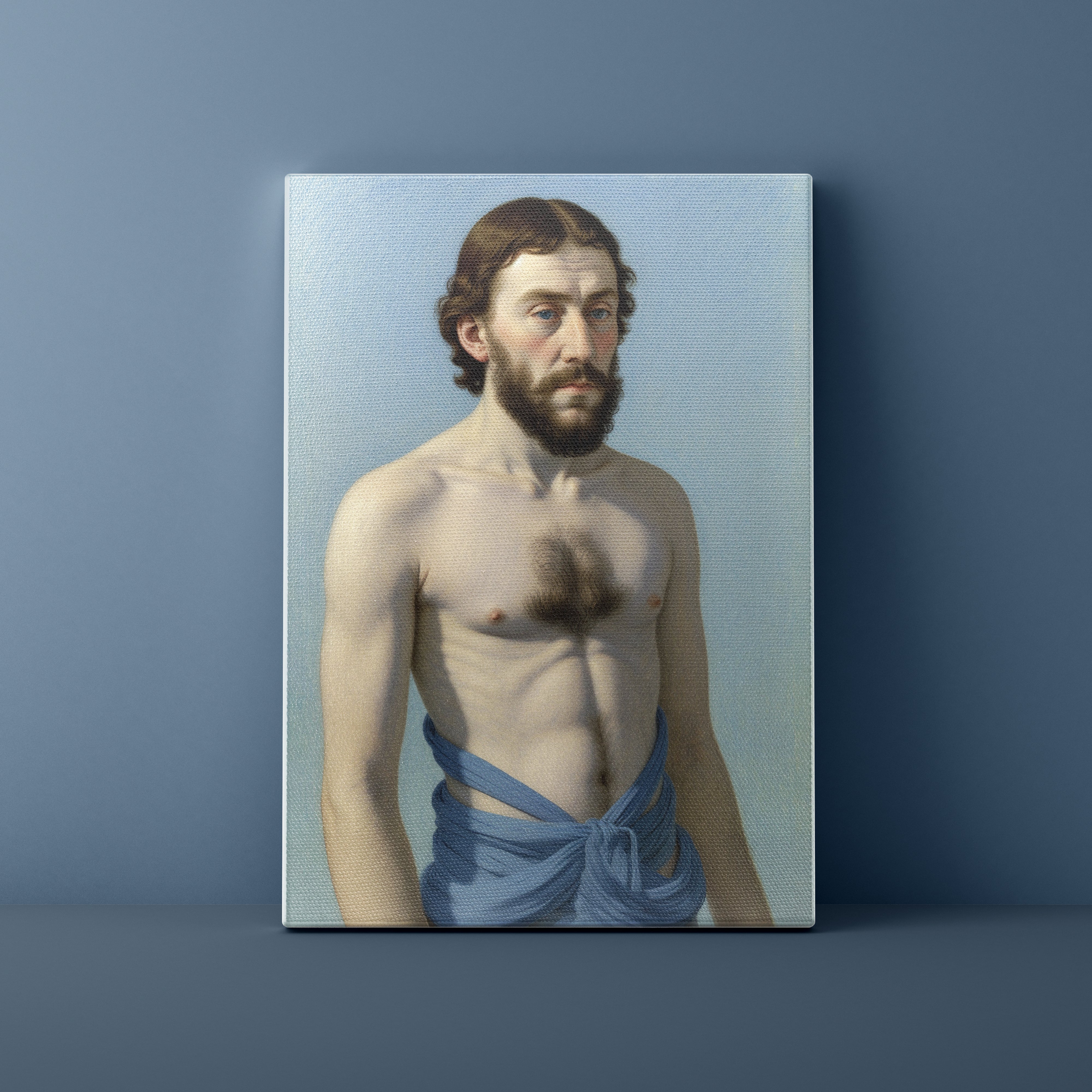 Canvas print of a man with a blue towel draped over his shoulder against a blue background