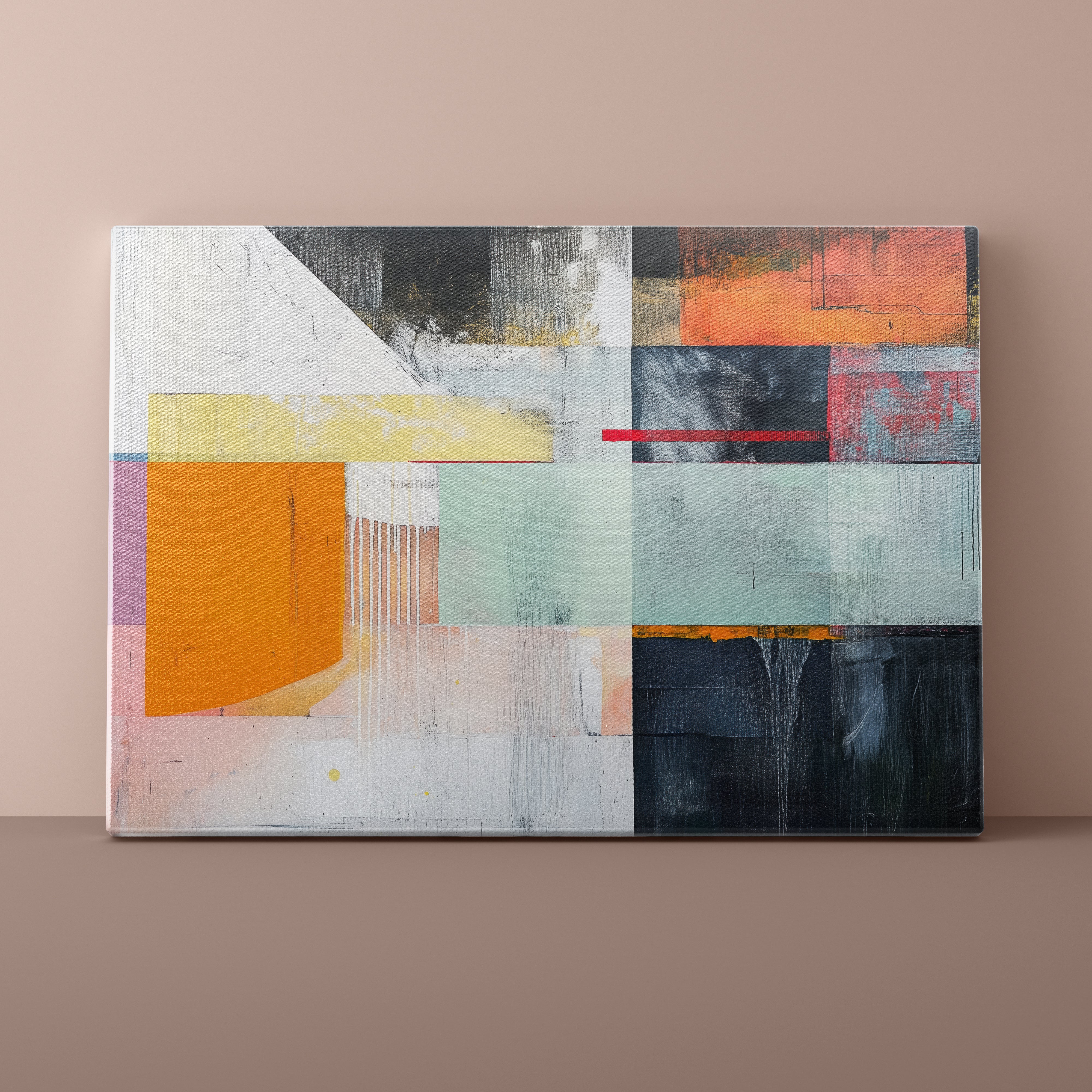 Abstract art painting with geometric shapes on a beige wall