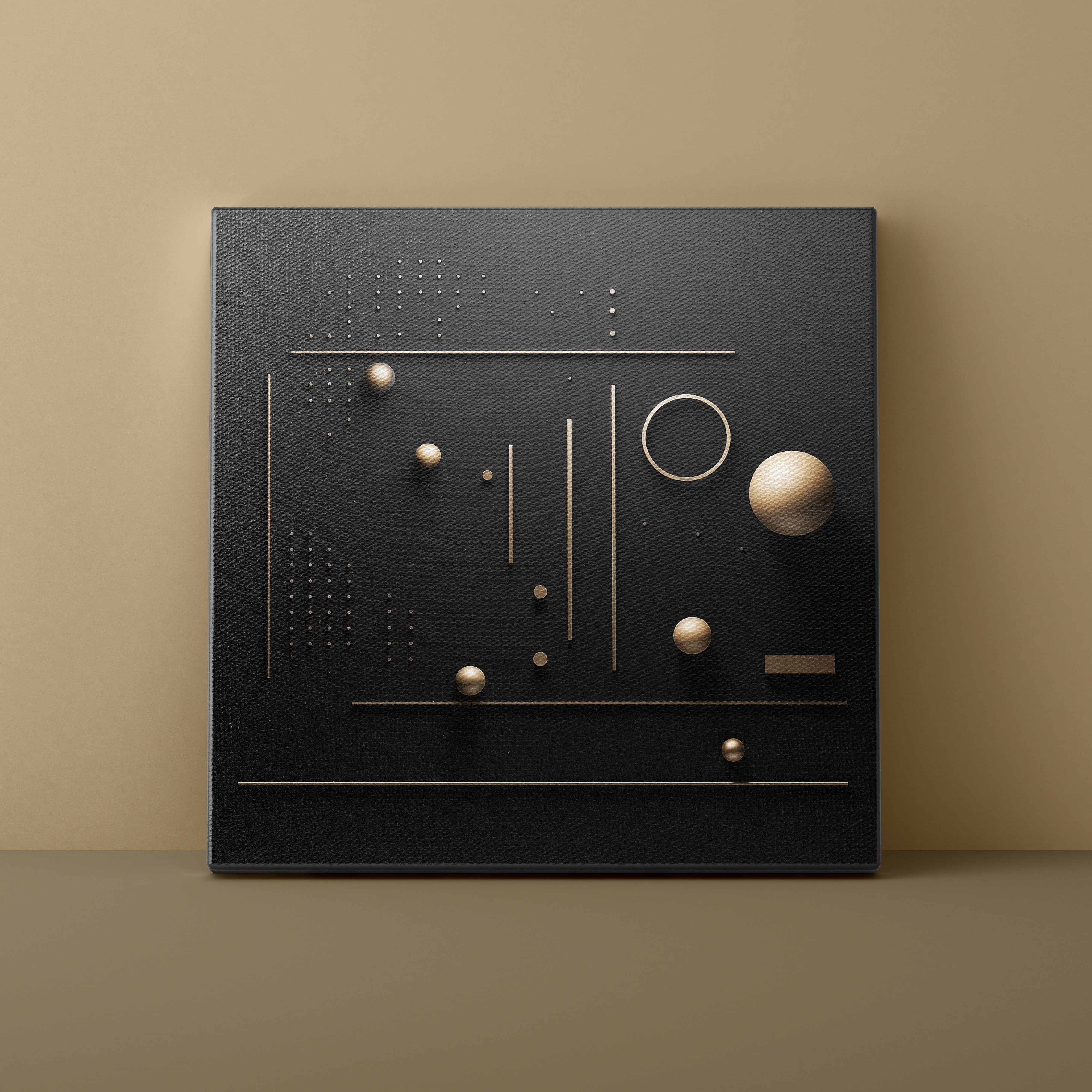 Black textured wall art with geometric shapes on a beige background