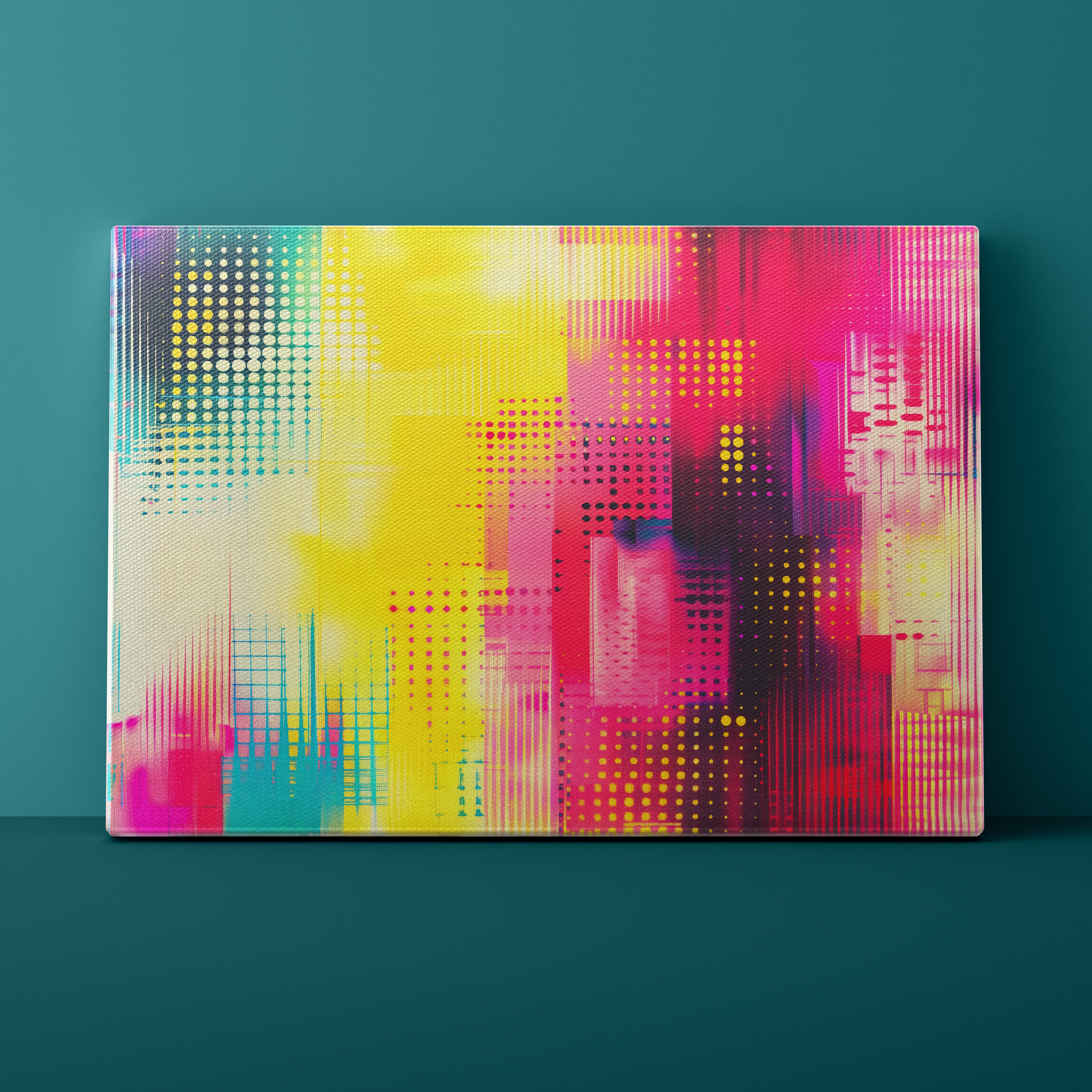 Colorful abstract patterned board on a teal background