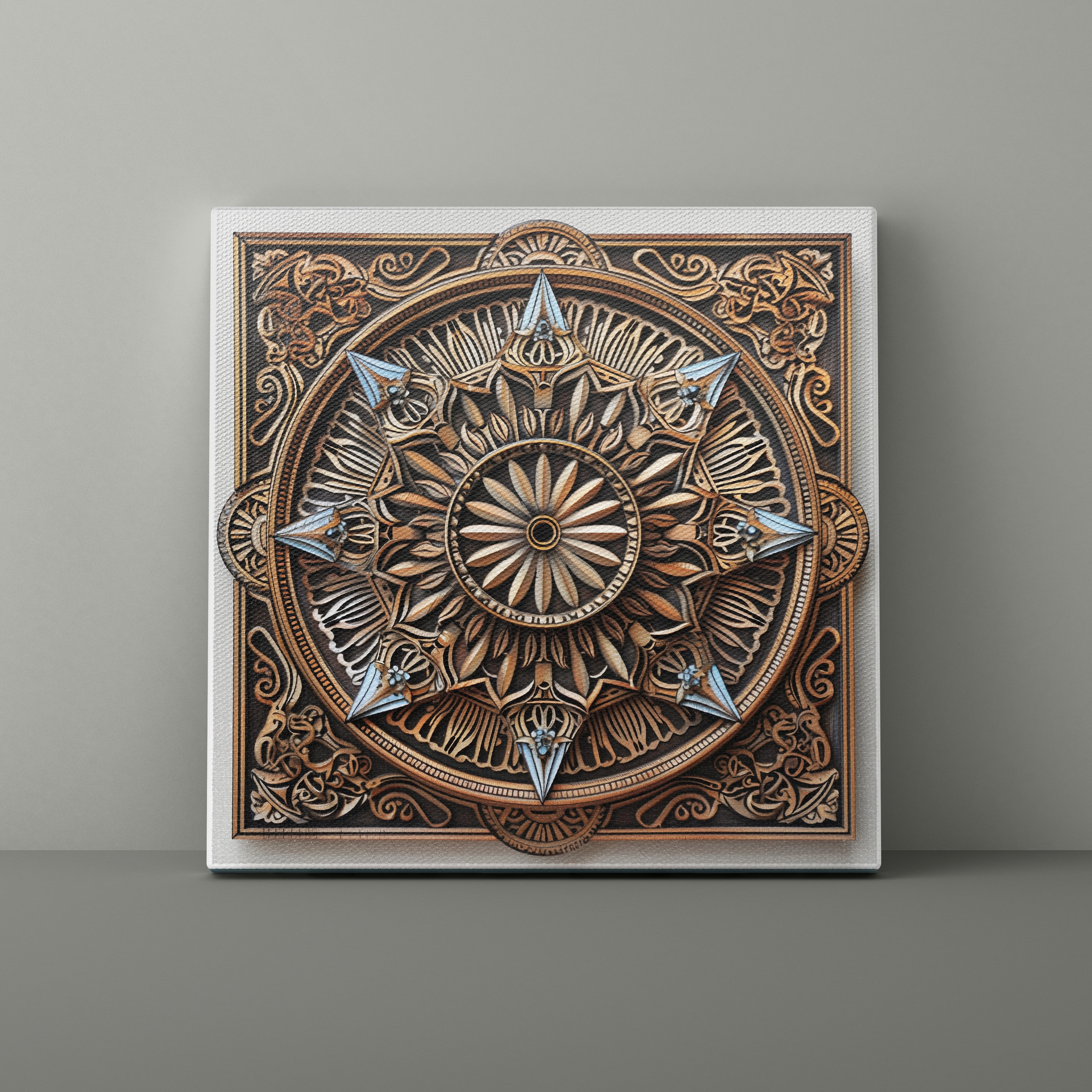 Decorative wall art with intricate patterns on a gray background