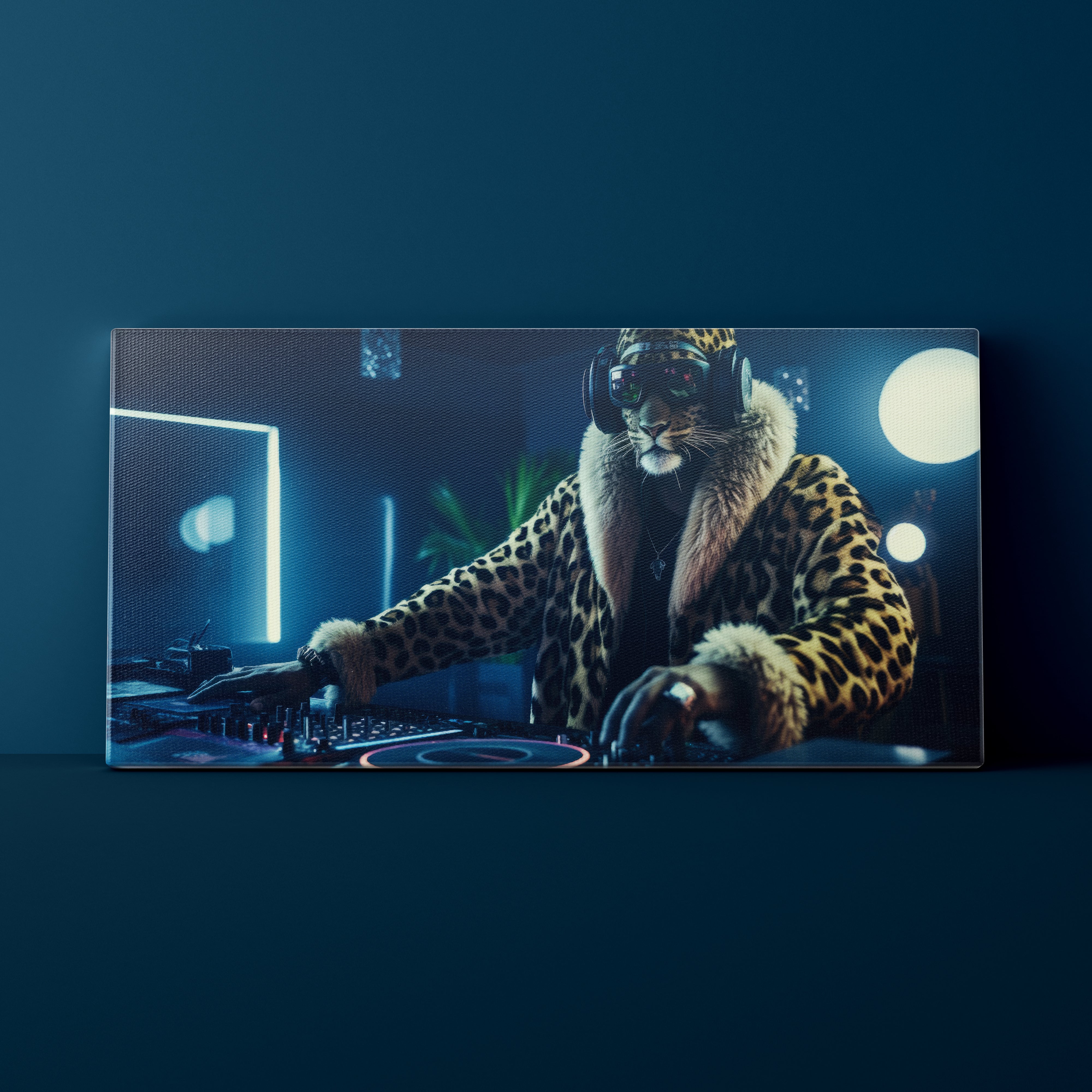Person in leopard print coat and fur-lined hood operating DJ equipment against a dark blue background