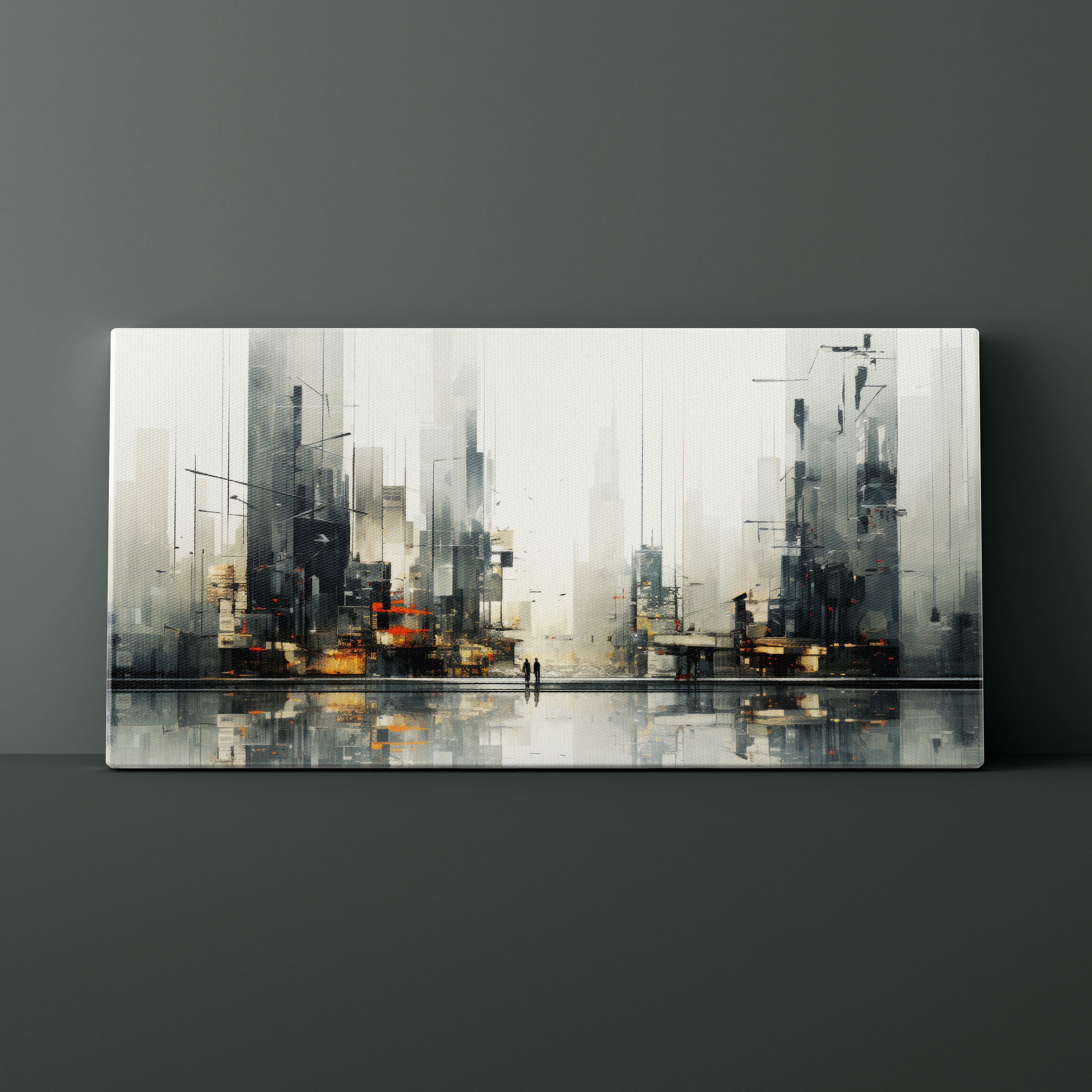 Abstract cityscape painting on a dark gray wall