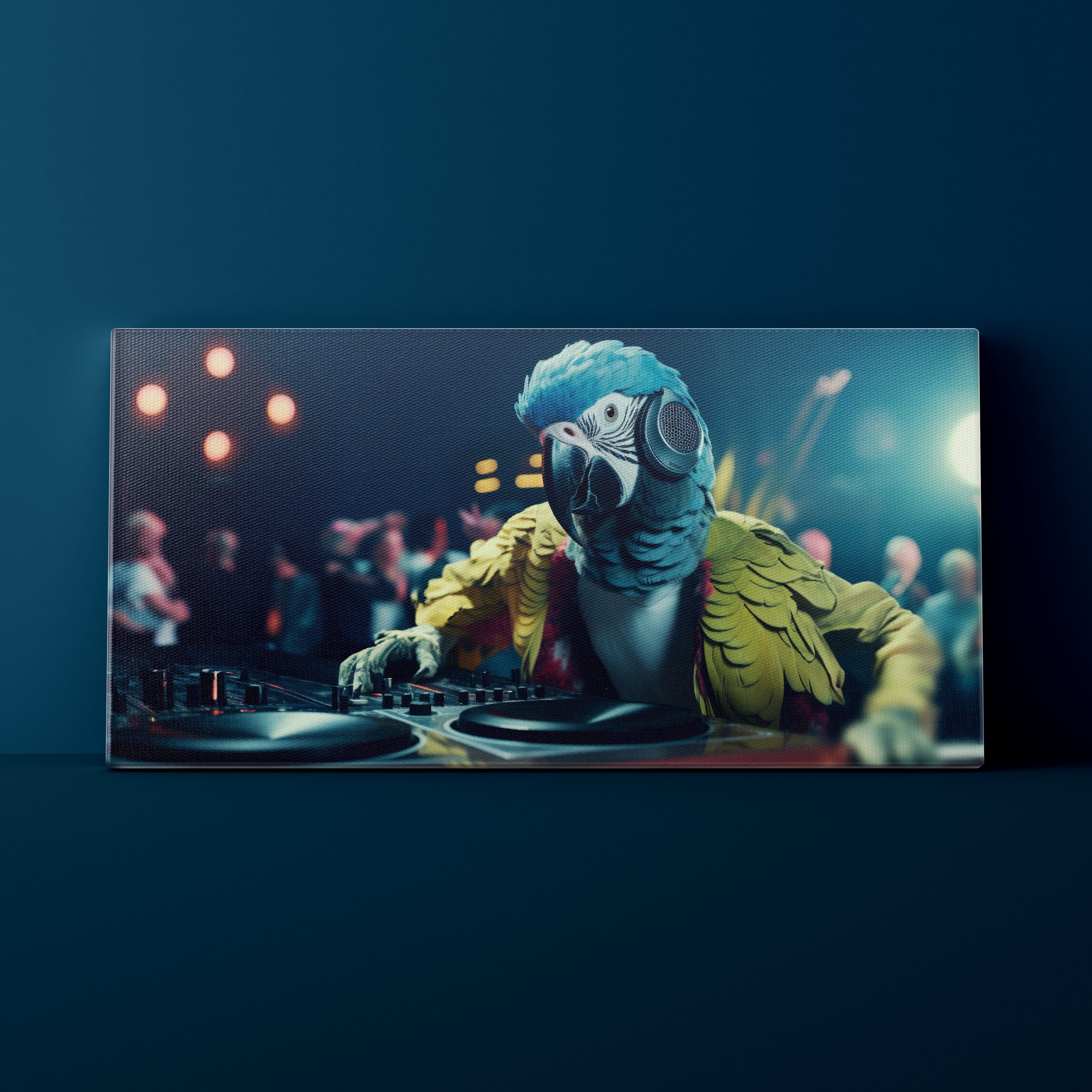 Parrot DJing at a club with colorful lights and people in the background