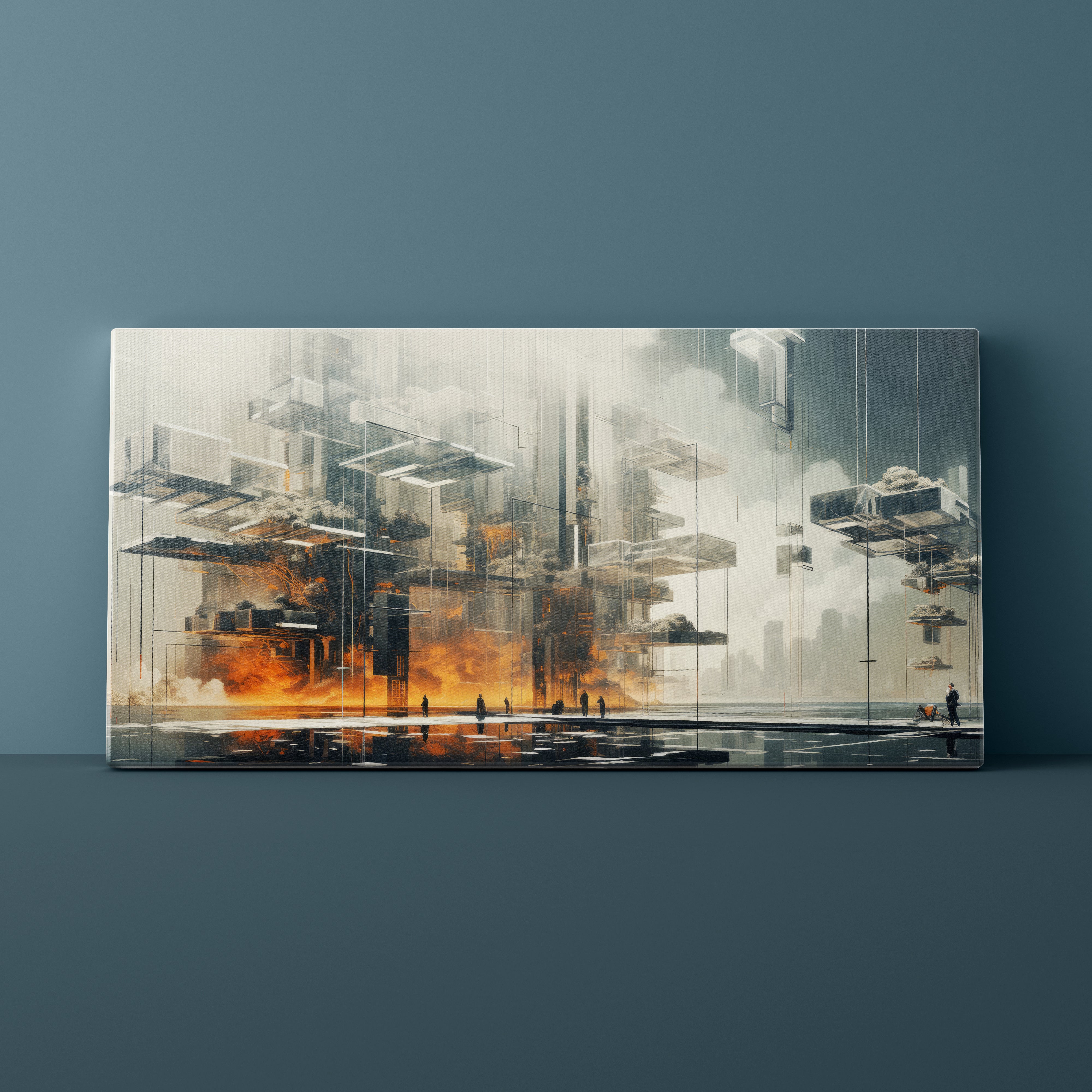 Futuristic cityscape painting with flames on a dark blue wall