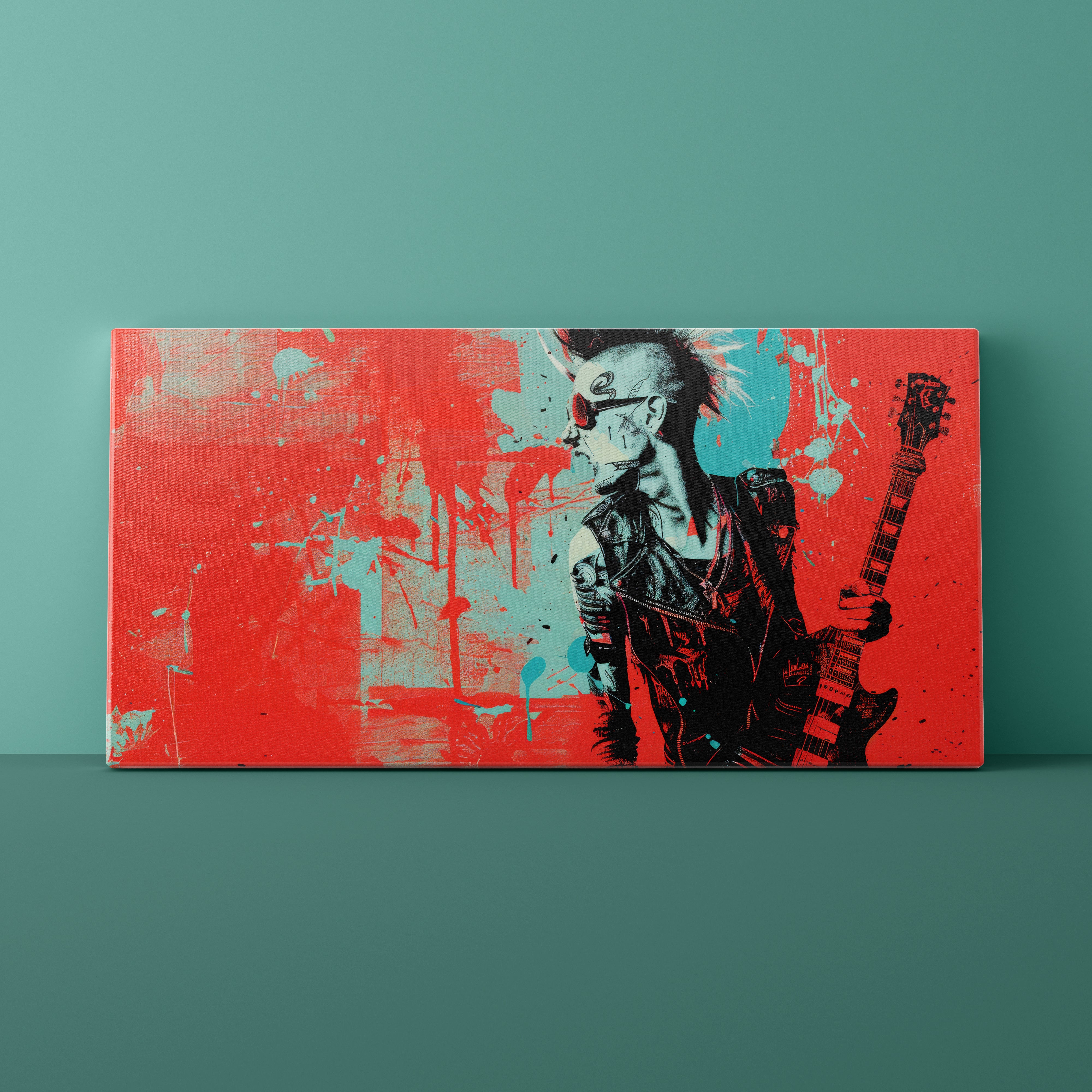 Canvas print of a stylized guitar player on a red and blue background against a green wall.