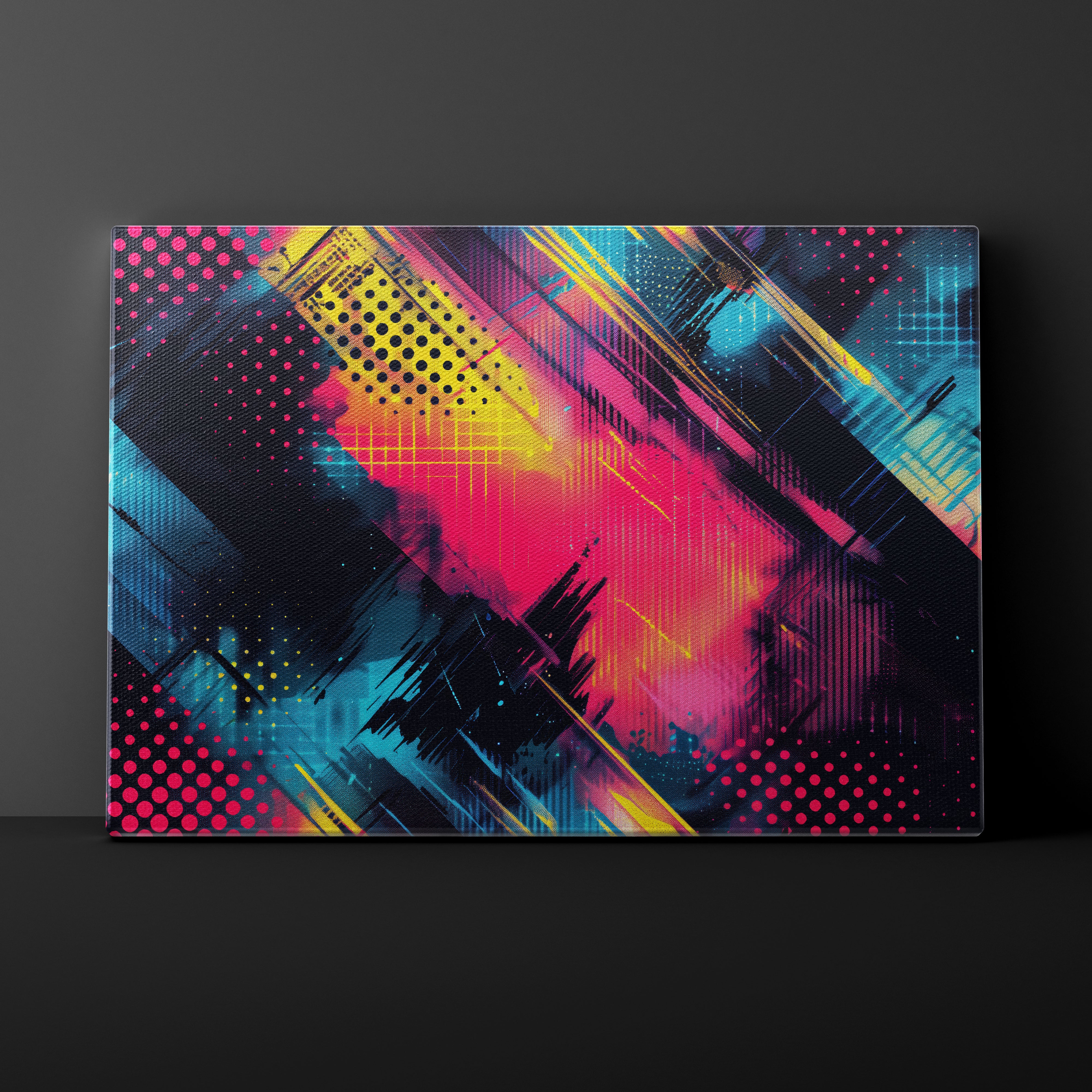 Abstract art print with colorful geometric design on a dark background