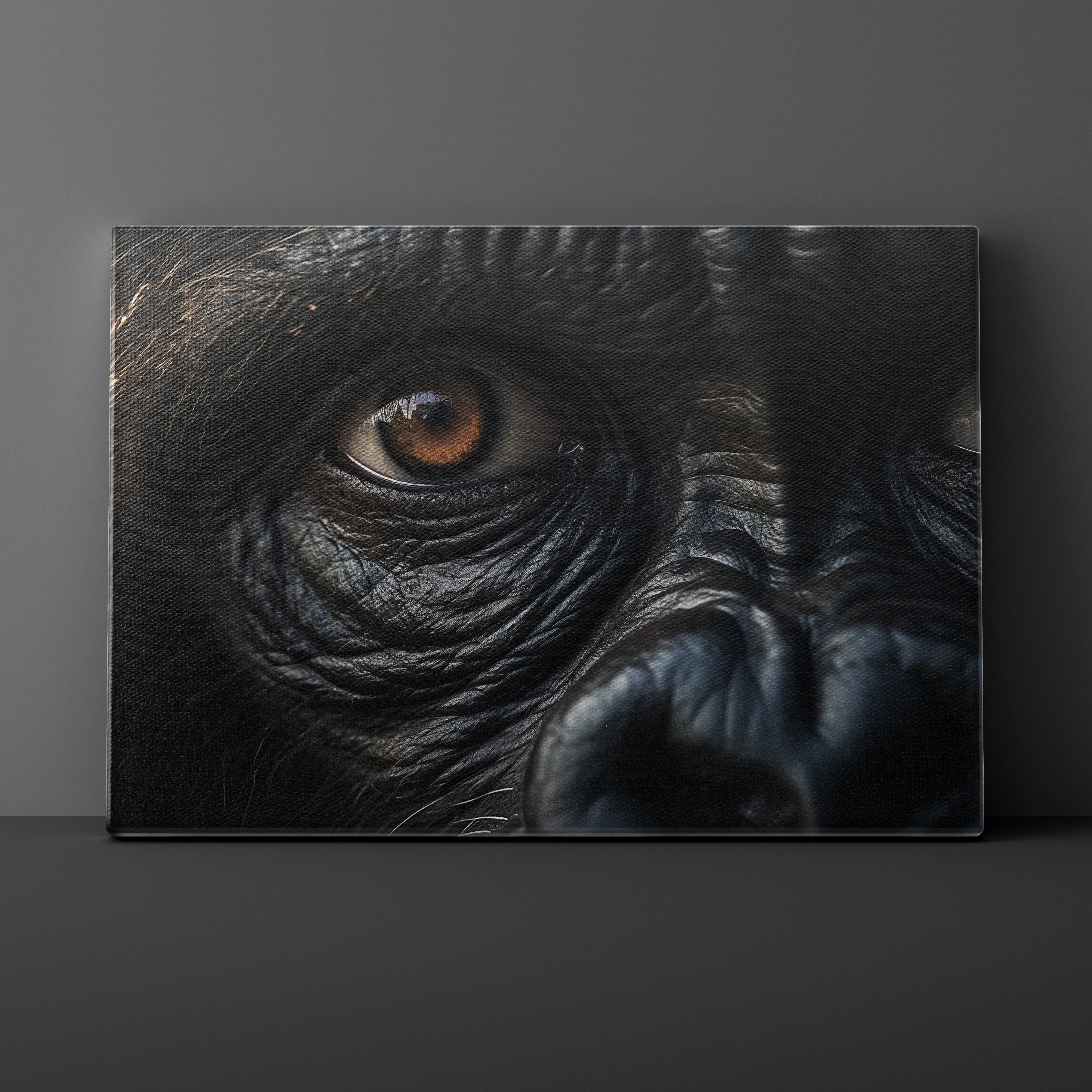 Close-up of an ape's eye on a dark gray background