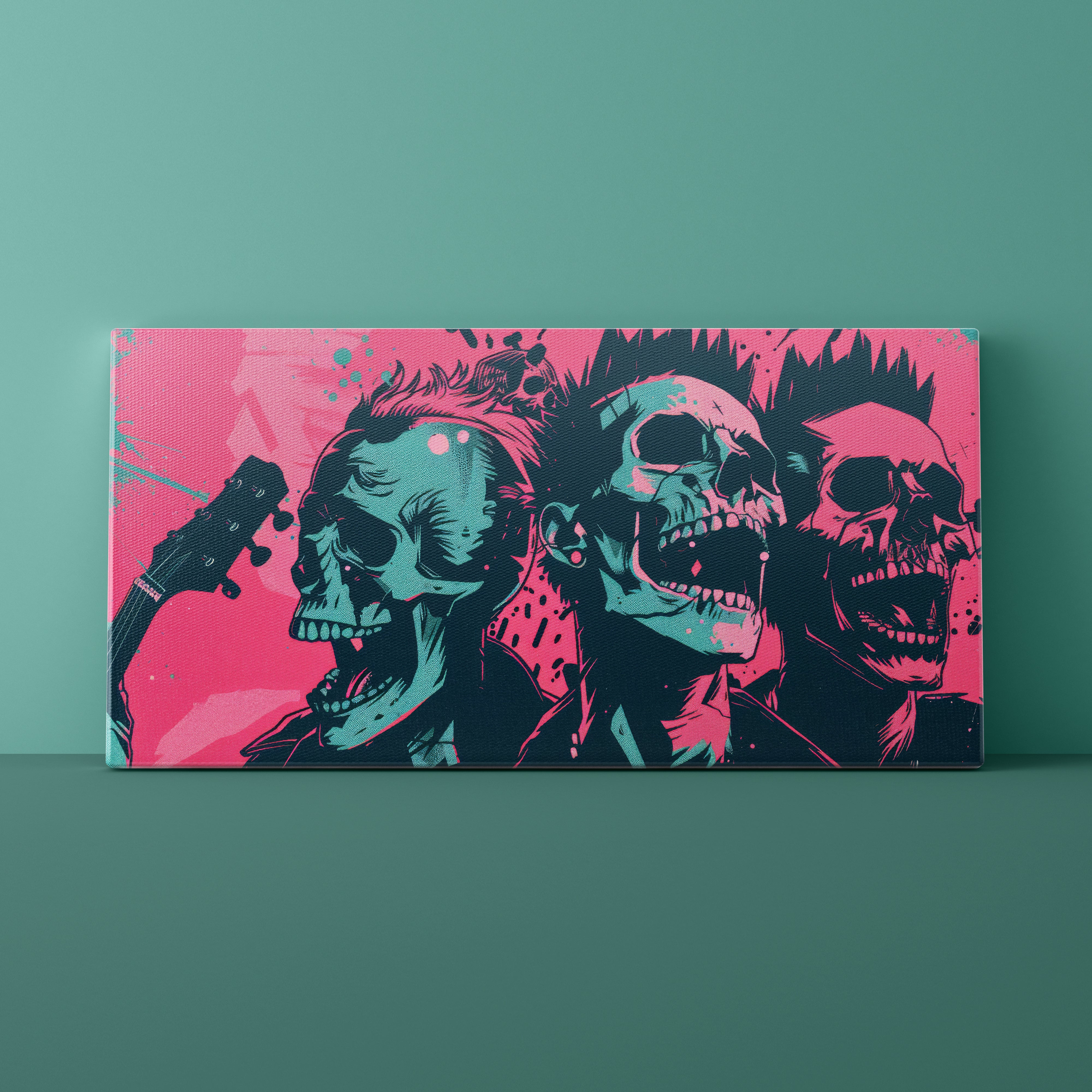 Canvas print with stylized skulls on a pink and blue background against a teal wall.