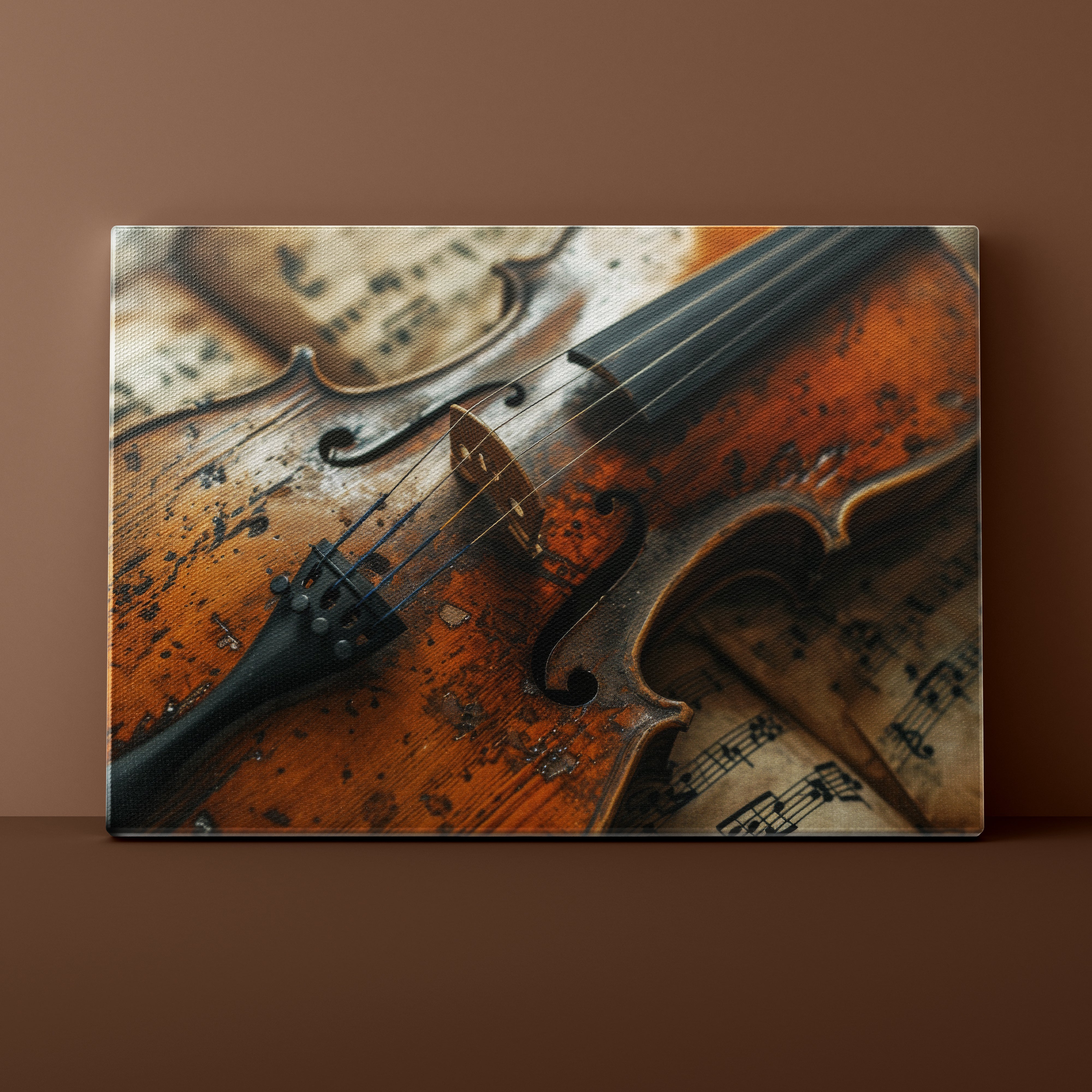 Close-up of a violin on sheet music with a brown background