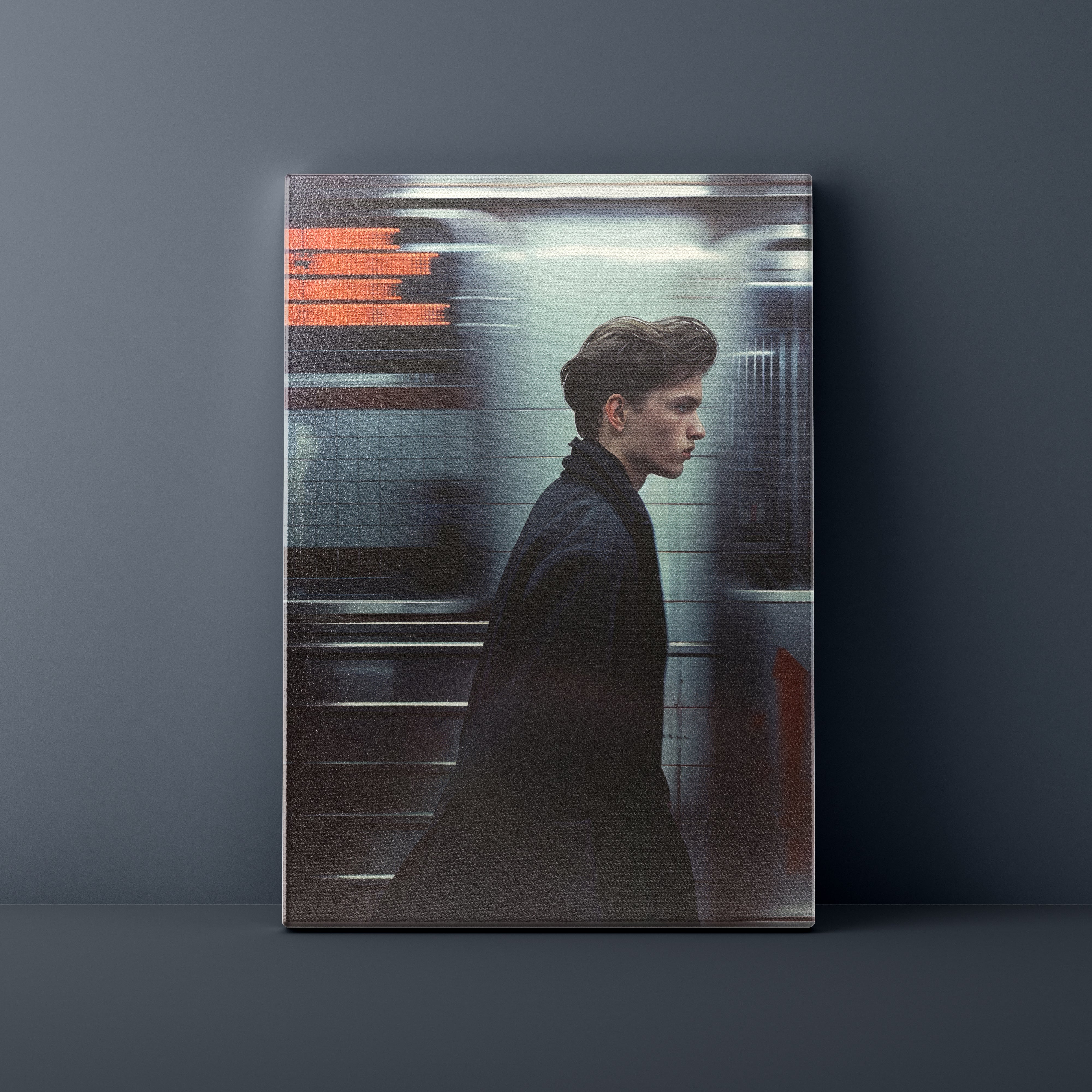 Person in a coat standing in a subway station with a blurred background