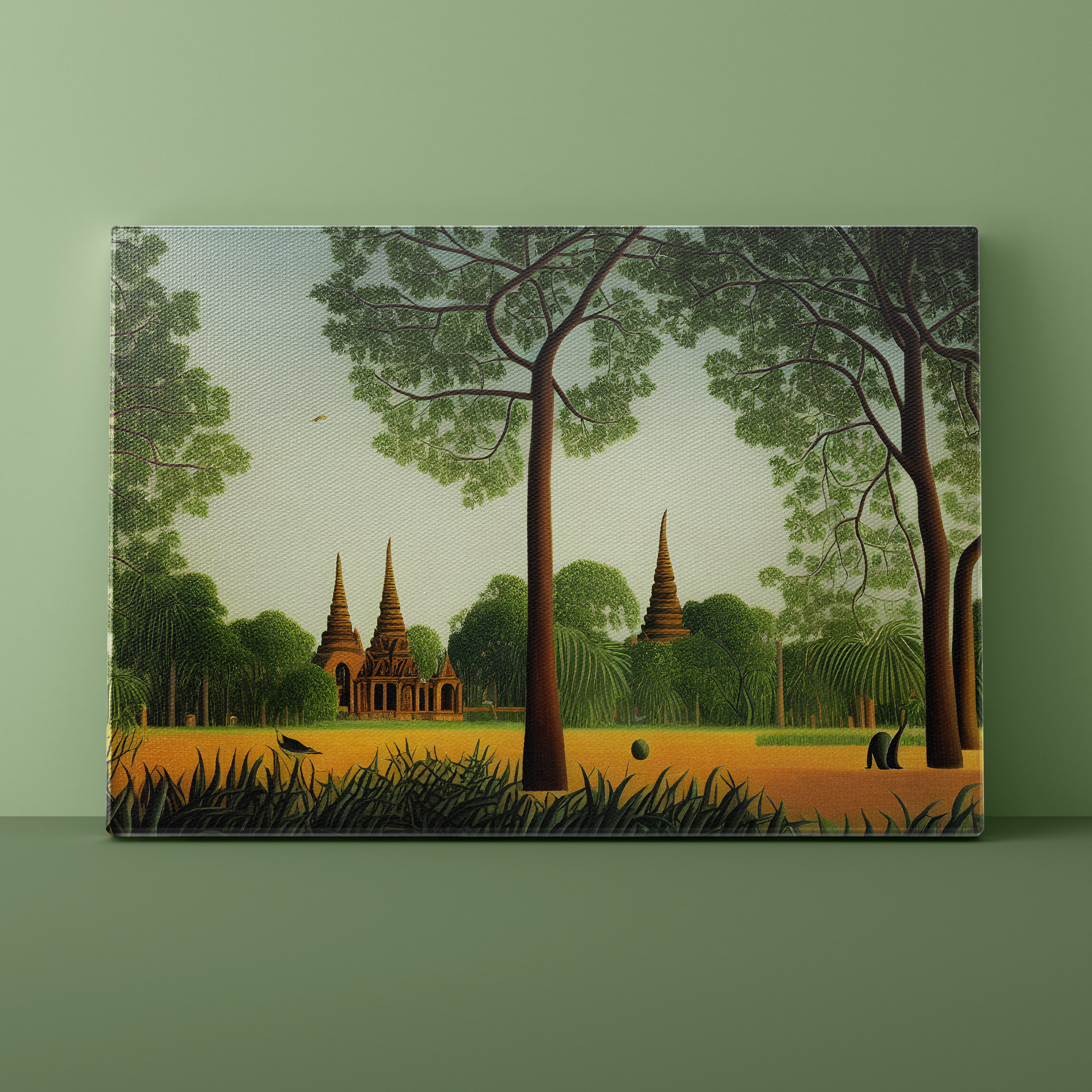 Surreal landscape with temple-like structures amidst trees and grass