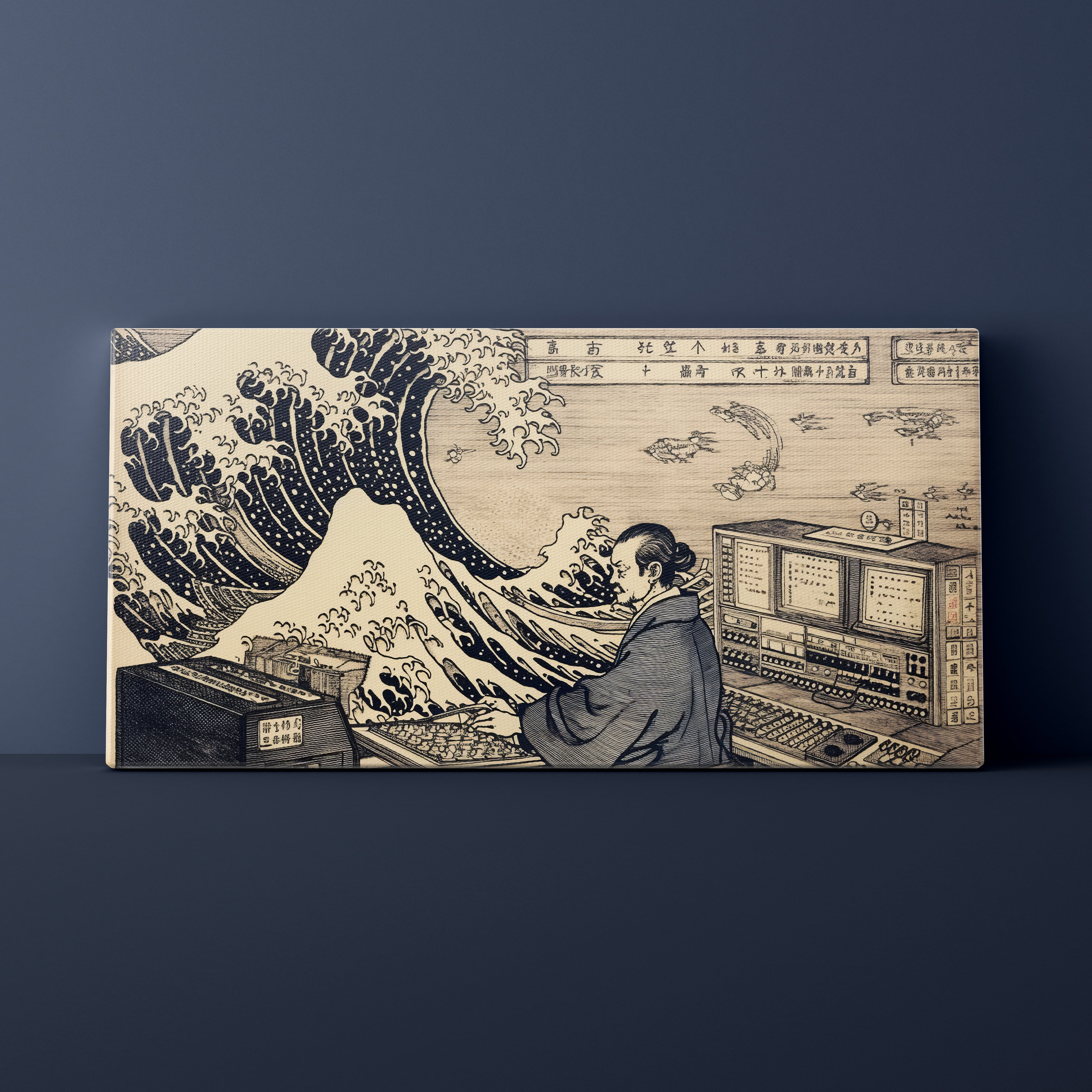 Wooden plaque with a stylized depiction of a person working at a desk with a large wave and traditional design elements.