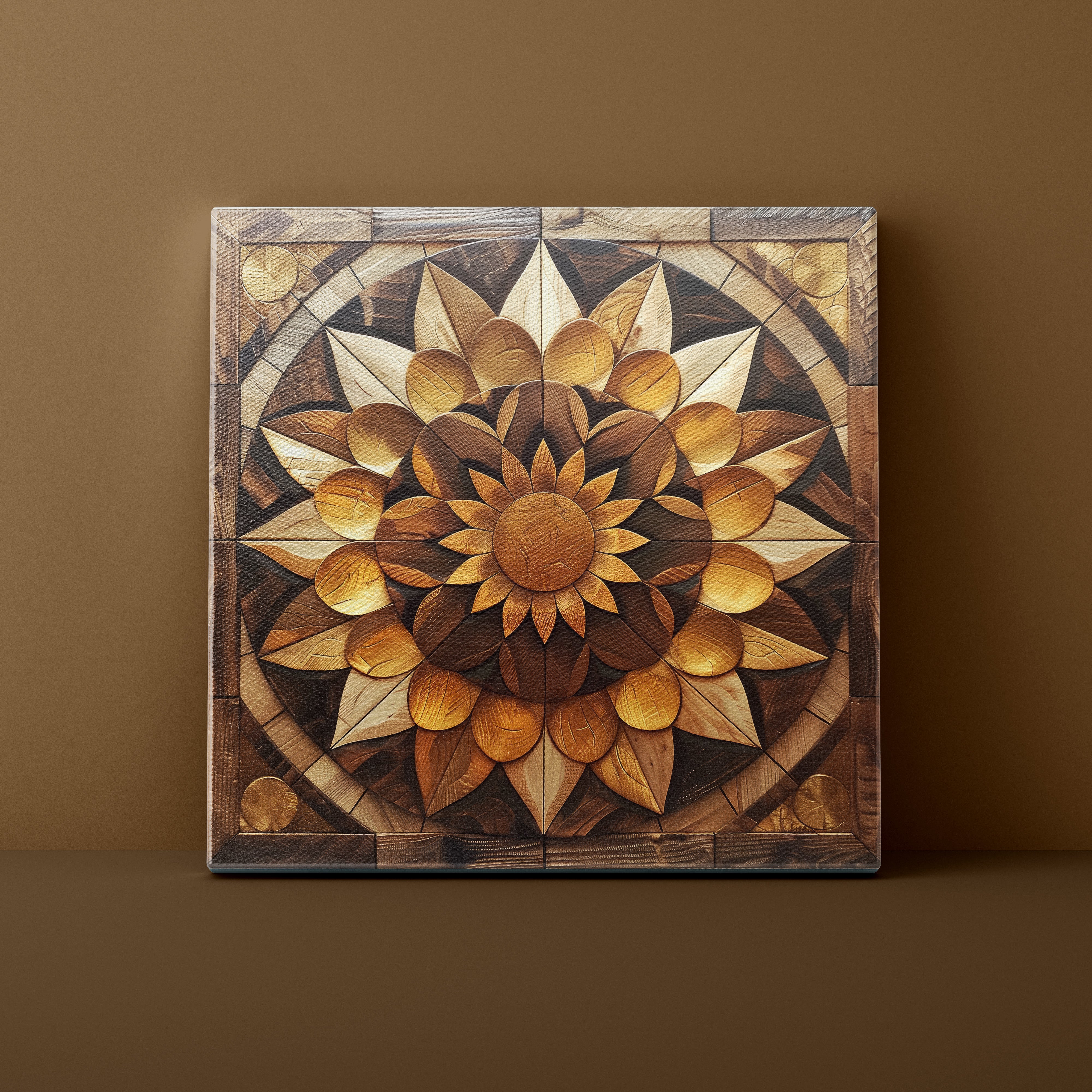 Wooden wall art with a geometric pattern on a brown background