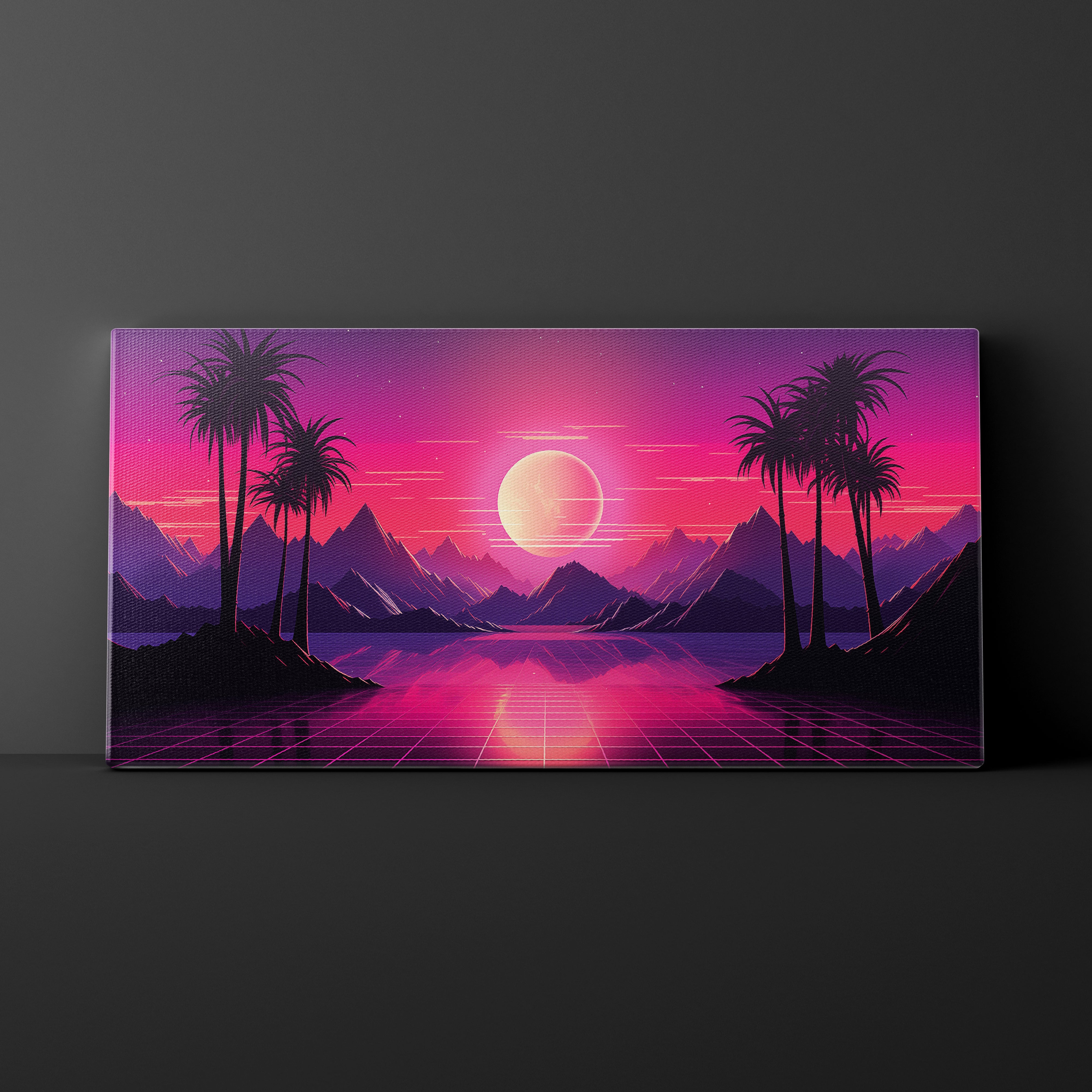 Canvas print of a futuristic landscape with palm trees, mountains, and a pink sun on a dark background.