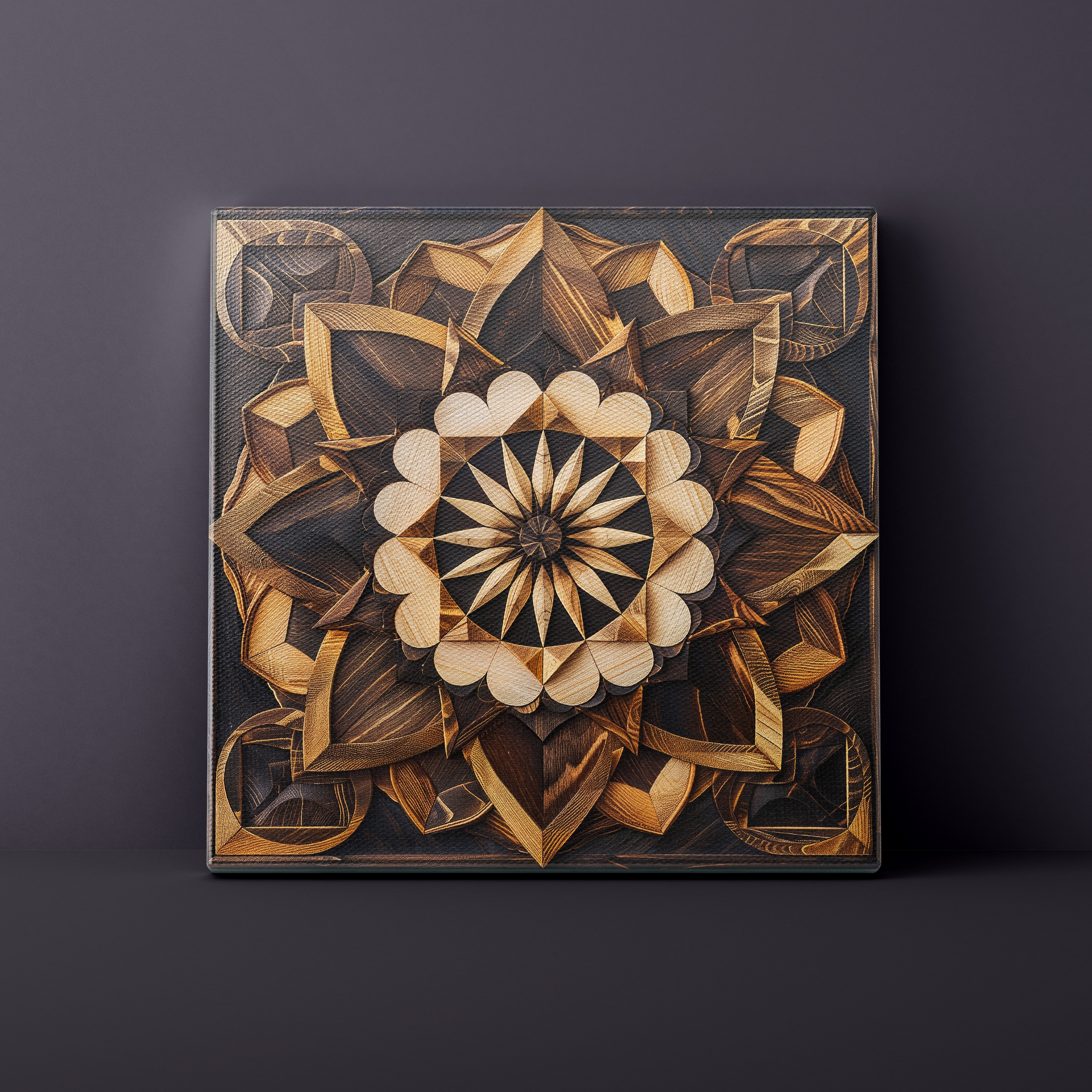 Wooden wall art with geometric floral design on a dark background