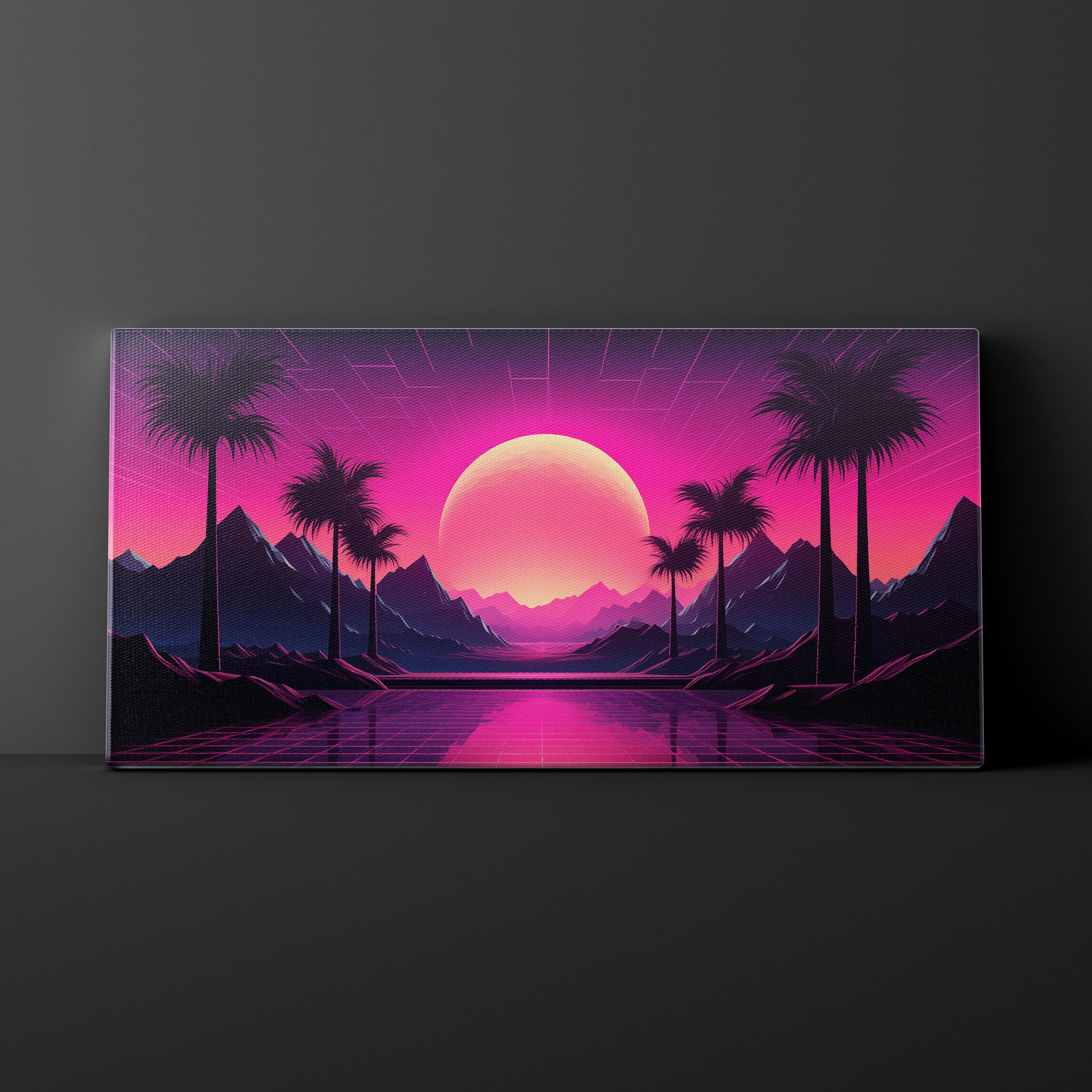 Canvas print with a futuristic landscape featuring palm trees, mountains, and a pink sun on a dark background.