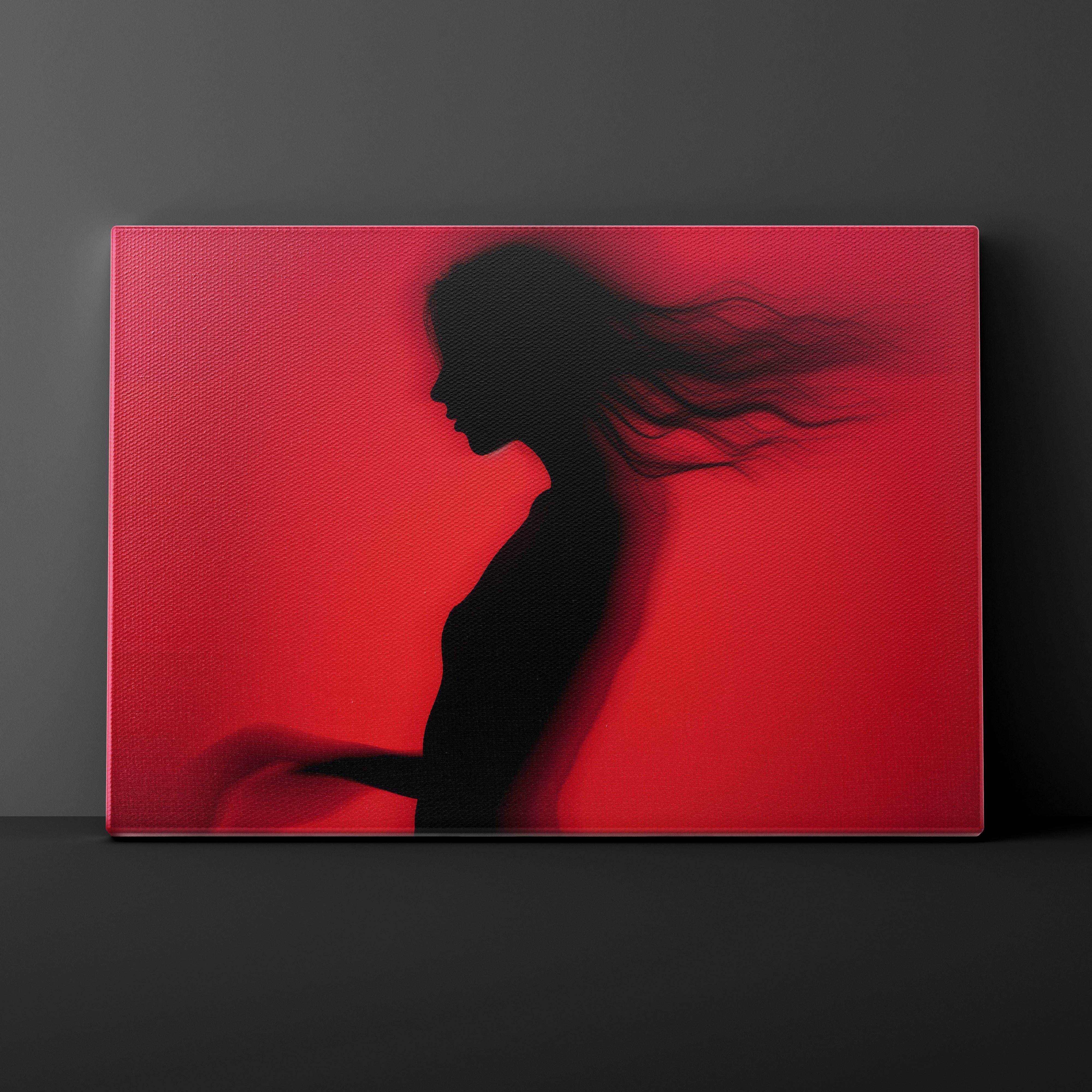 Silhouette of a person against a red background on a textured wall.