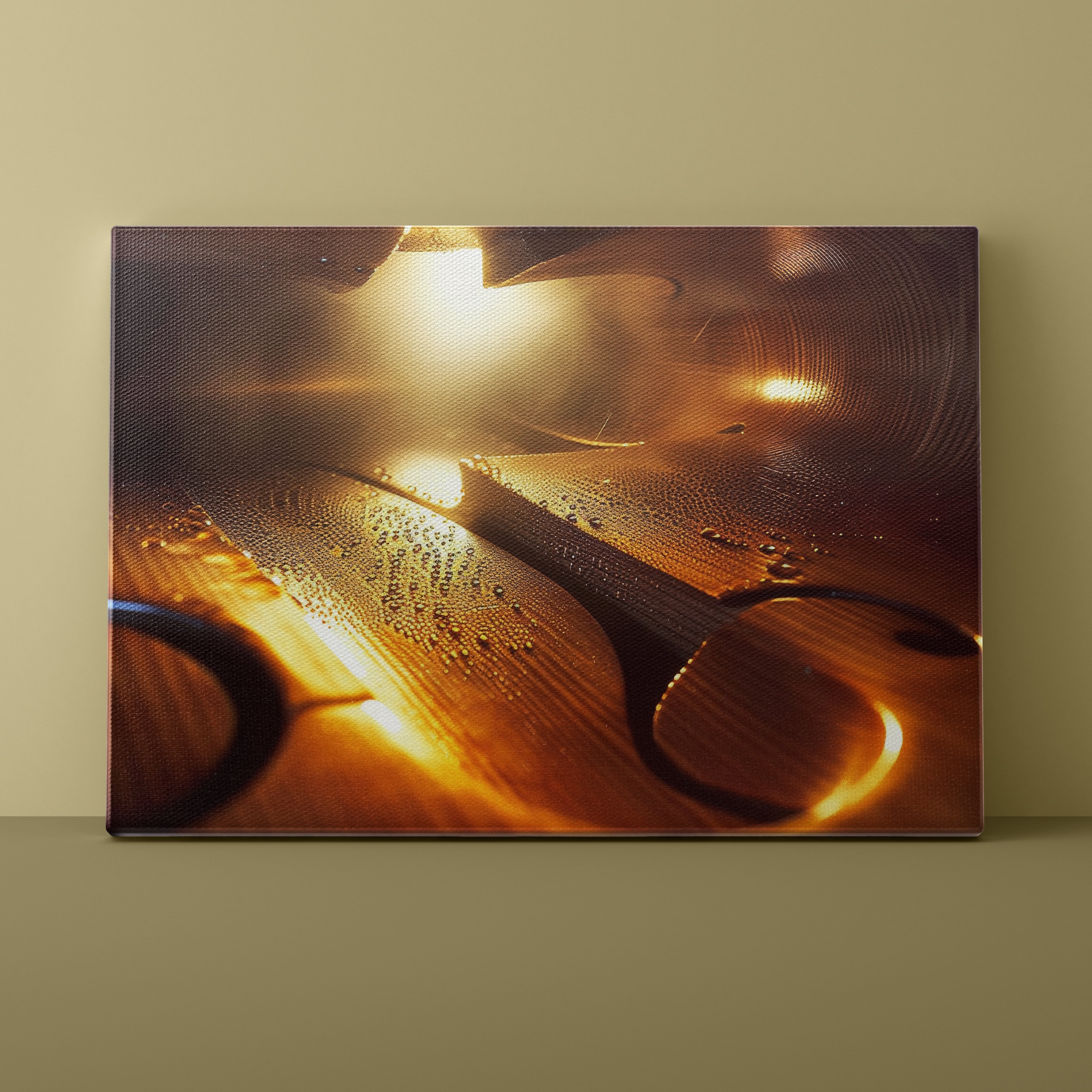 Abstract art piece with brown and gold tones on a beige wall