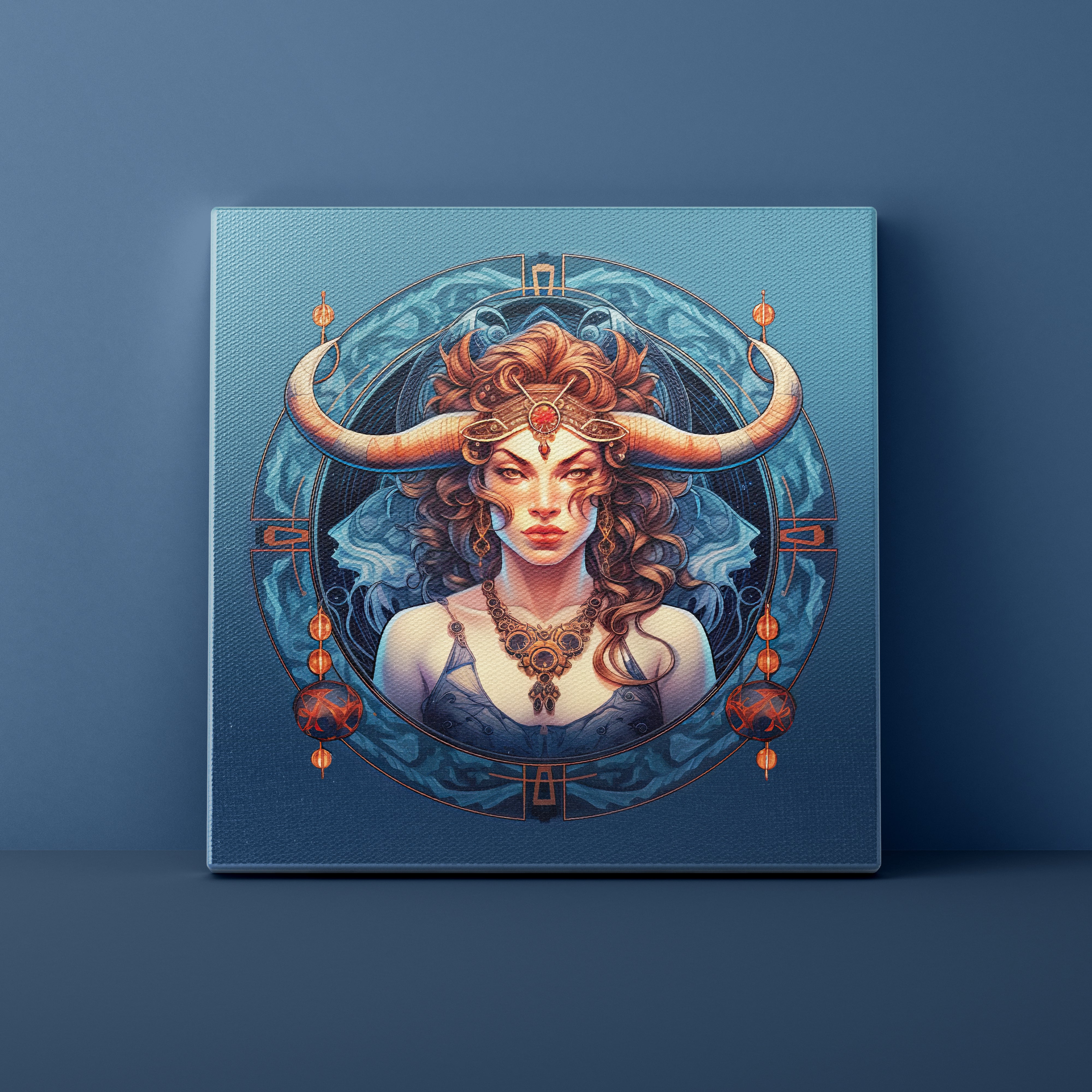 Canvas print of a woman with bull-like horns on a blue background