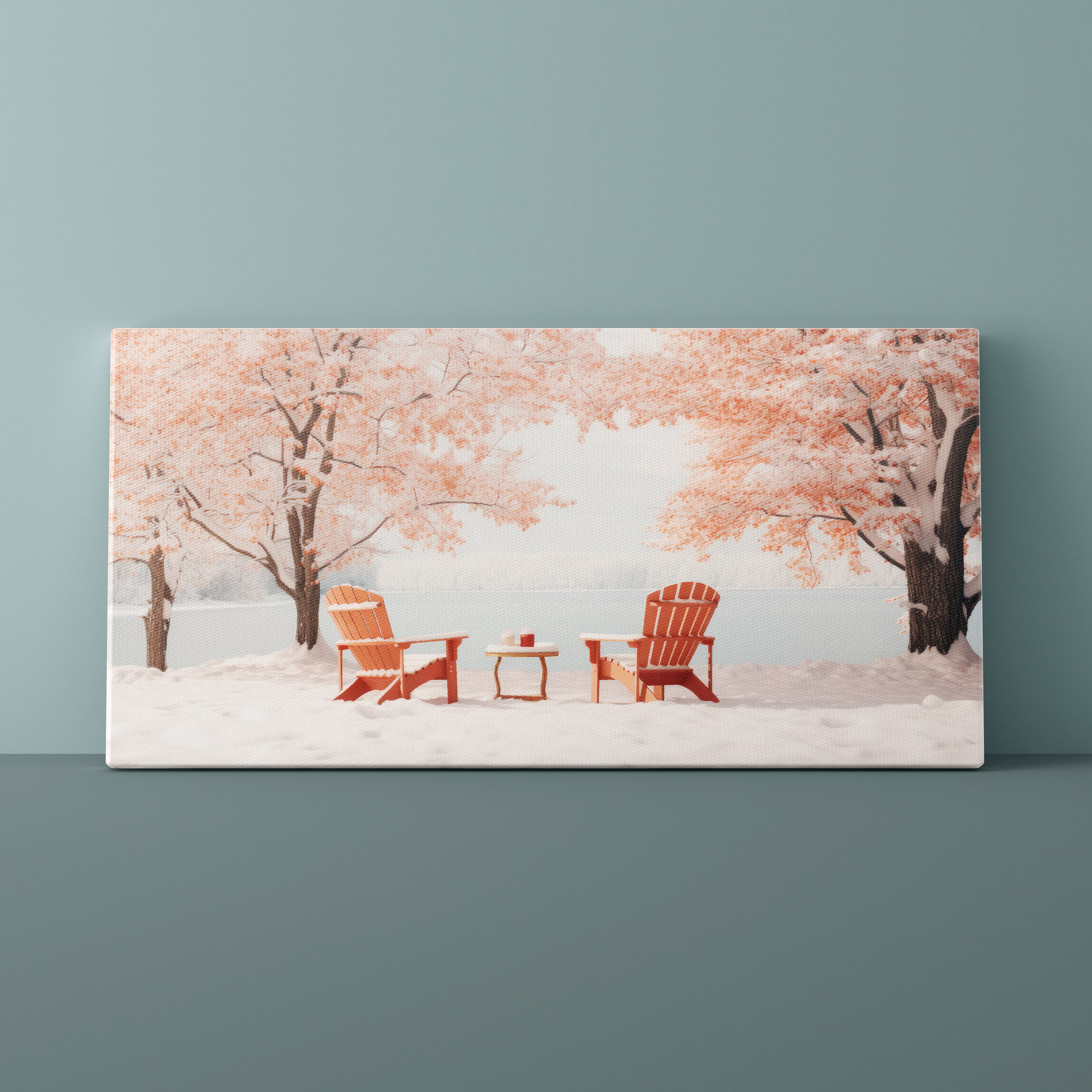 Canvas print of two Adirondack chairs under cherry blossom trees with a snowy landscape.