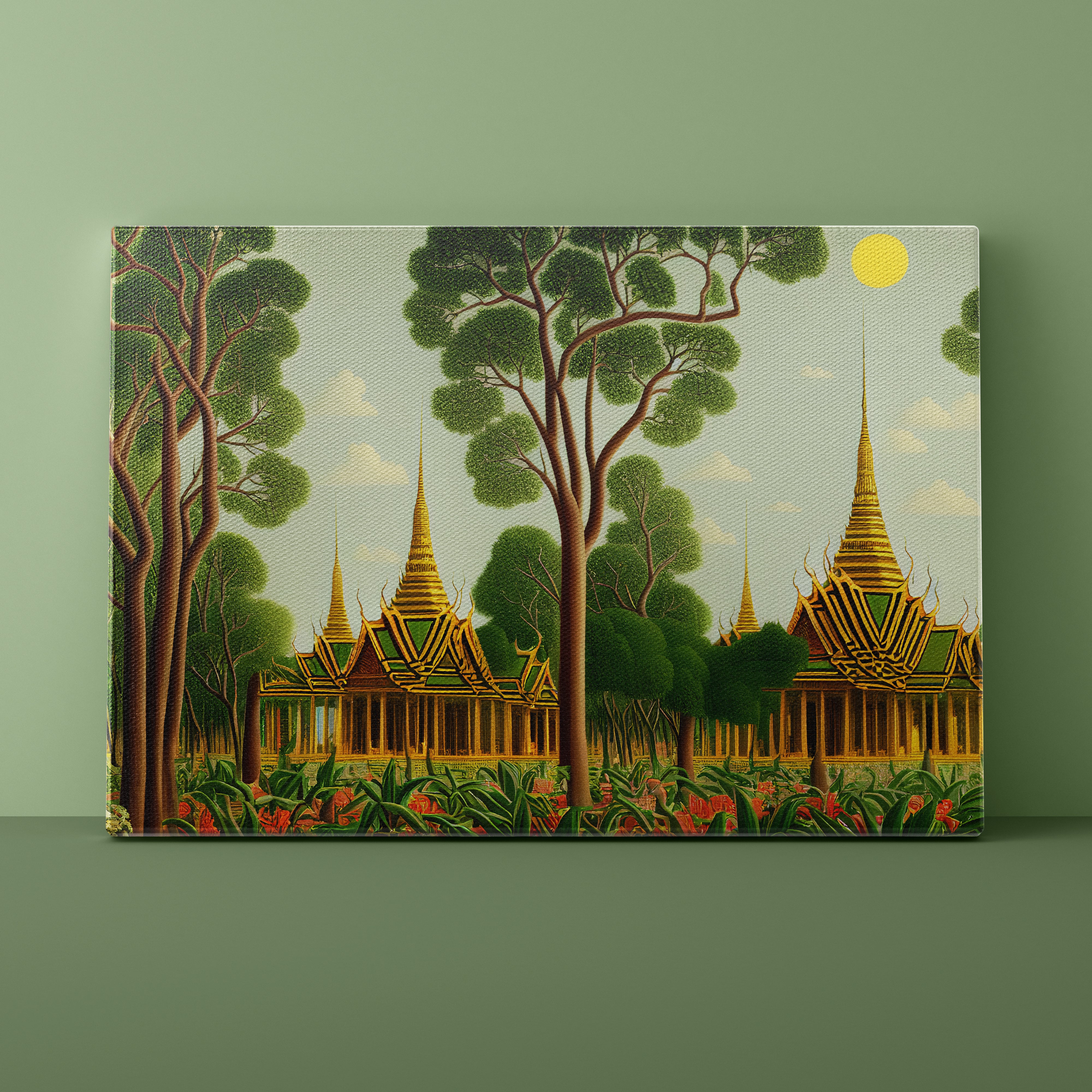 Decorative illustration of a temple complex surrounded by trees and flowers.