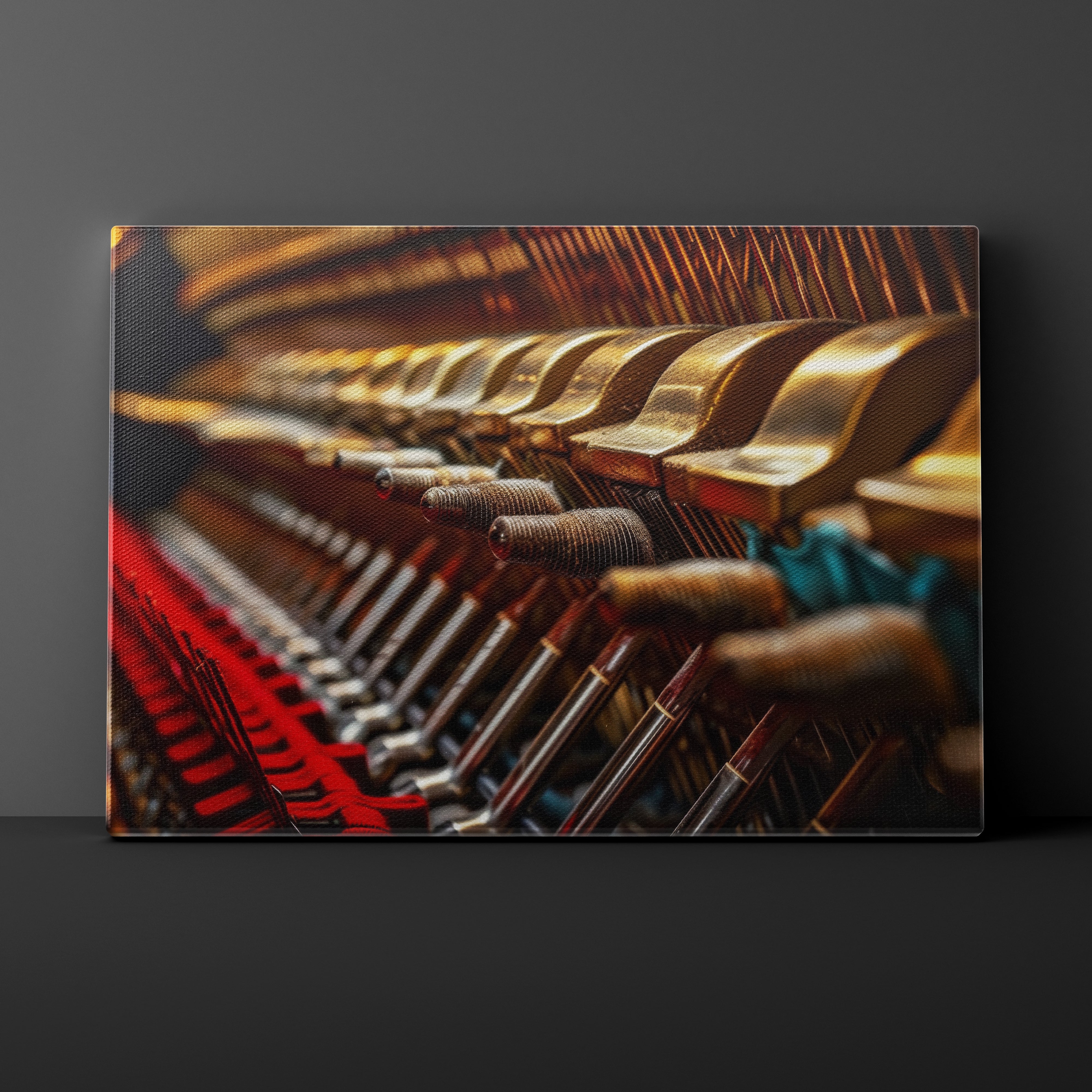 Canvas print of a row of wooden chairs with a dark background