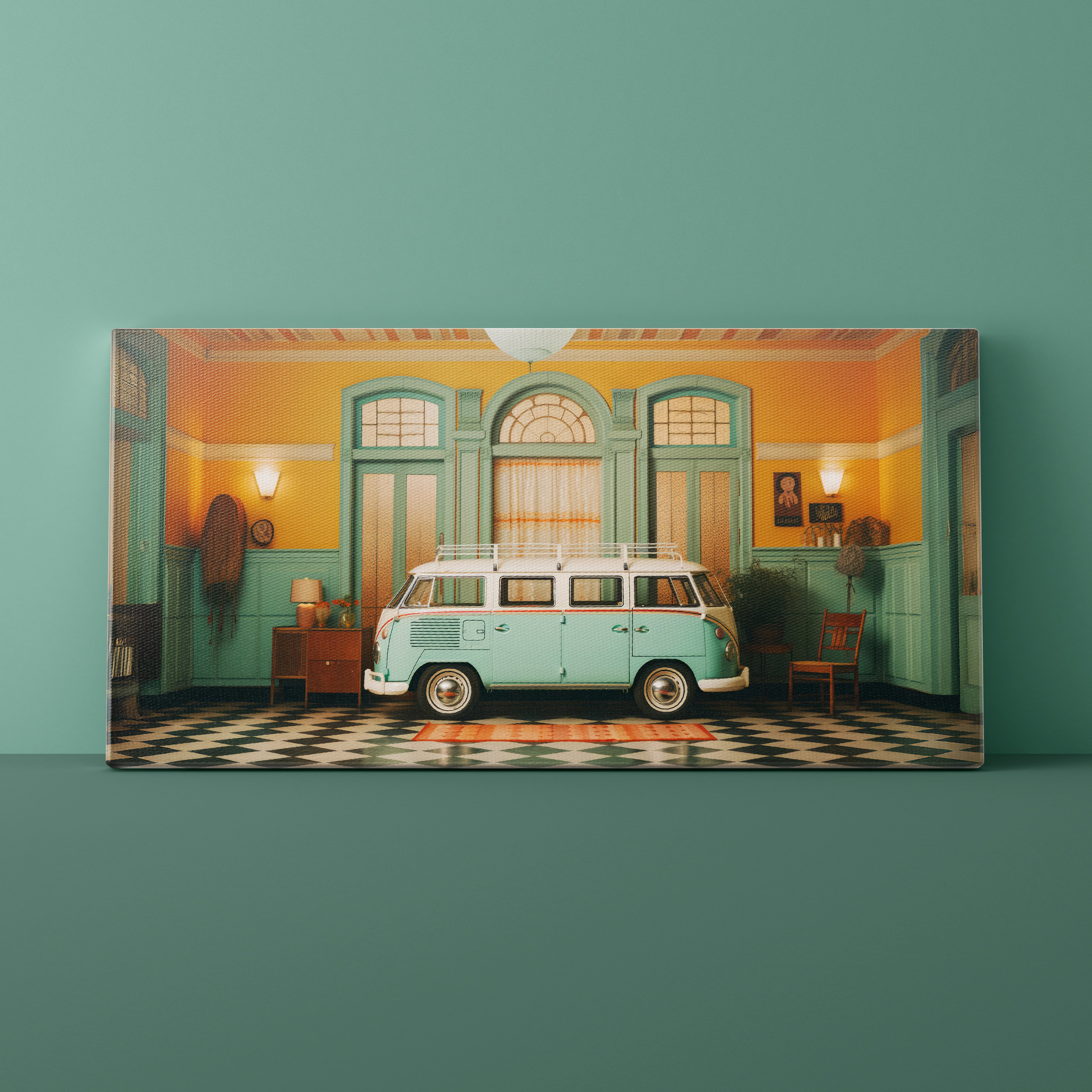 Vintage van in a room with checkered floor and green walls