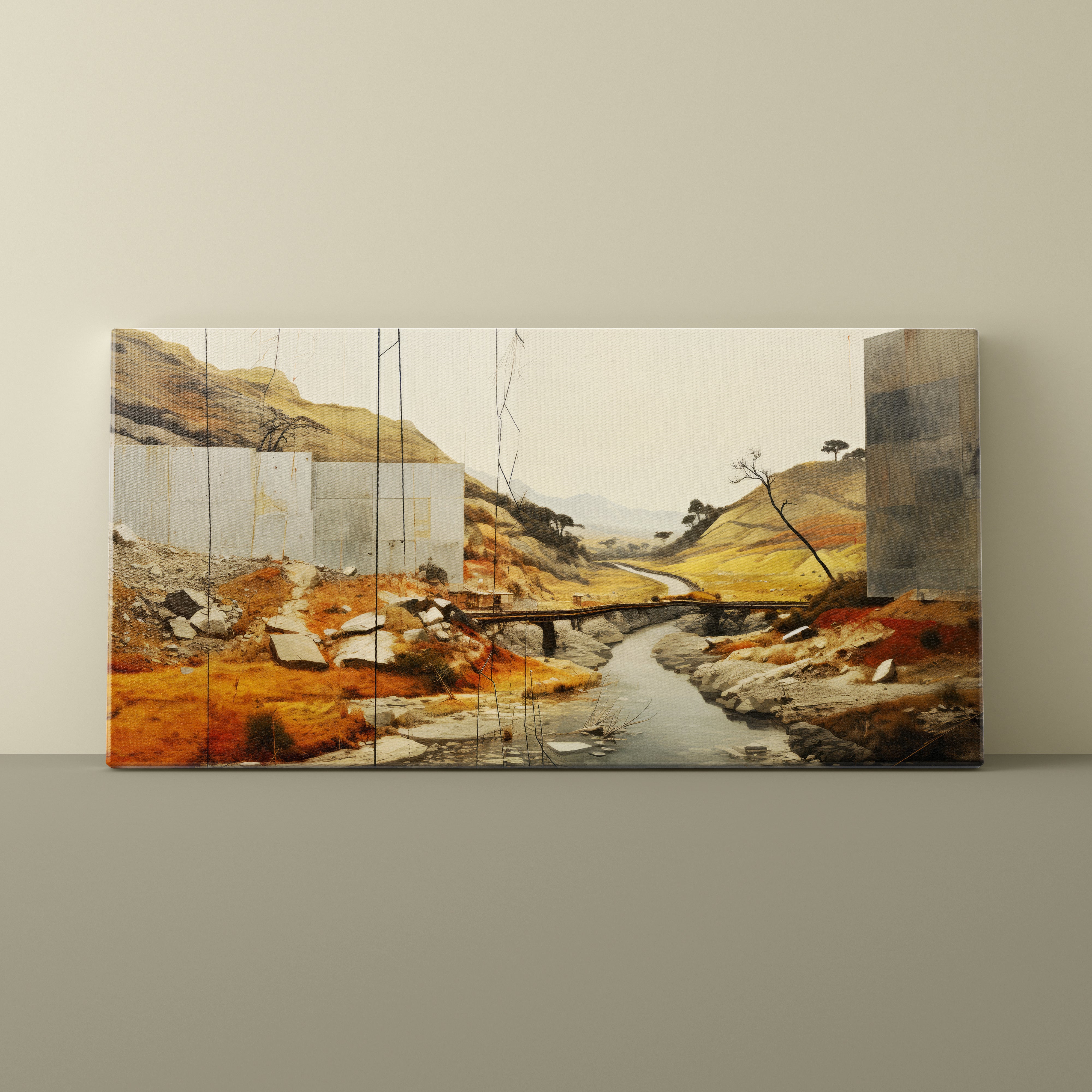 Large wall art depicting a landscape with a river and bridge on a beige wall.