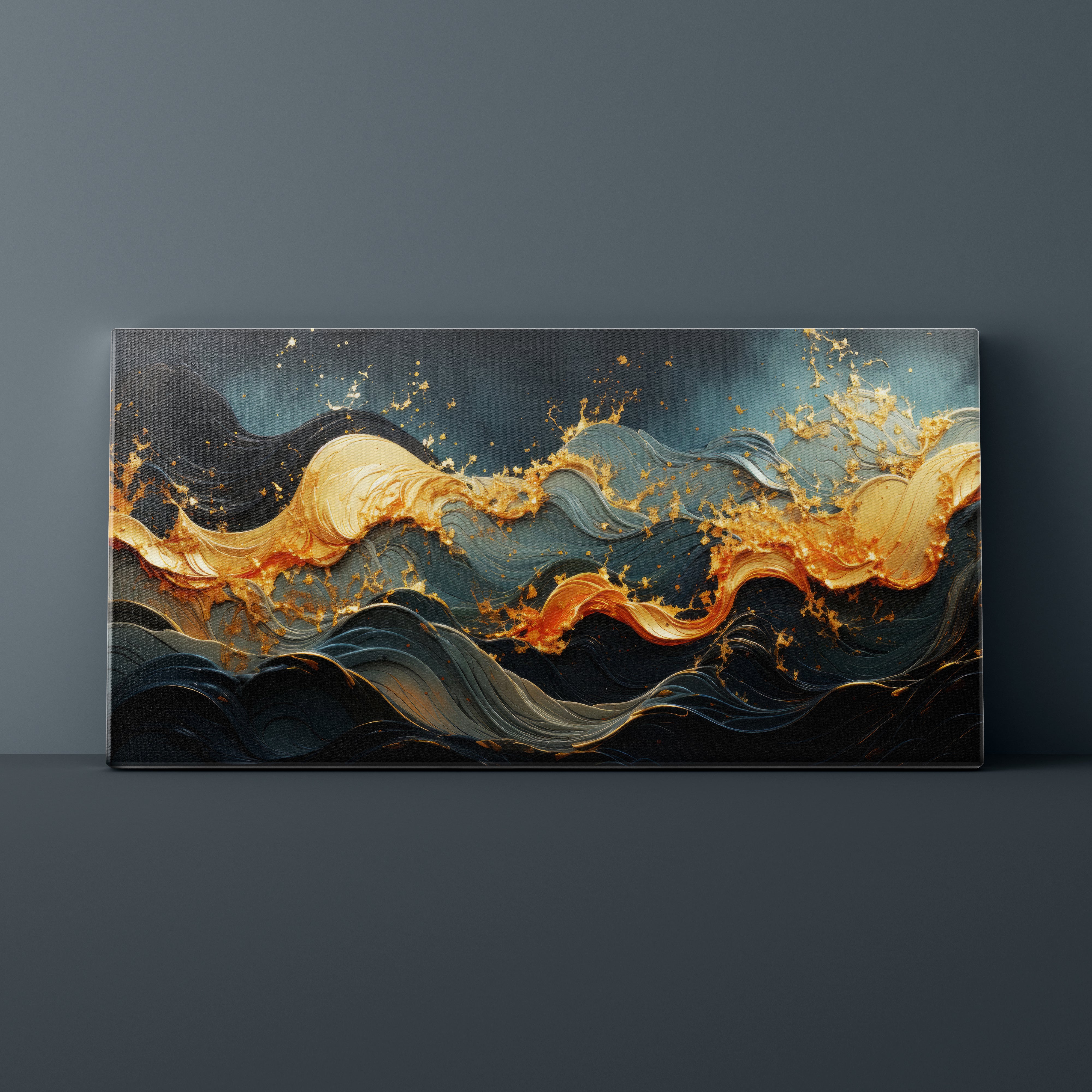 Abstract painting with gold and blue colors on a dark gray background