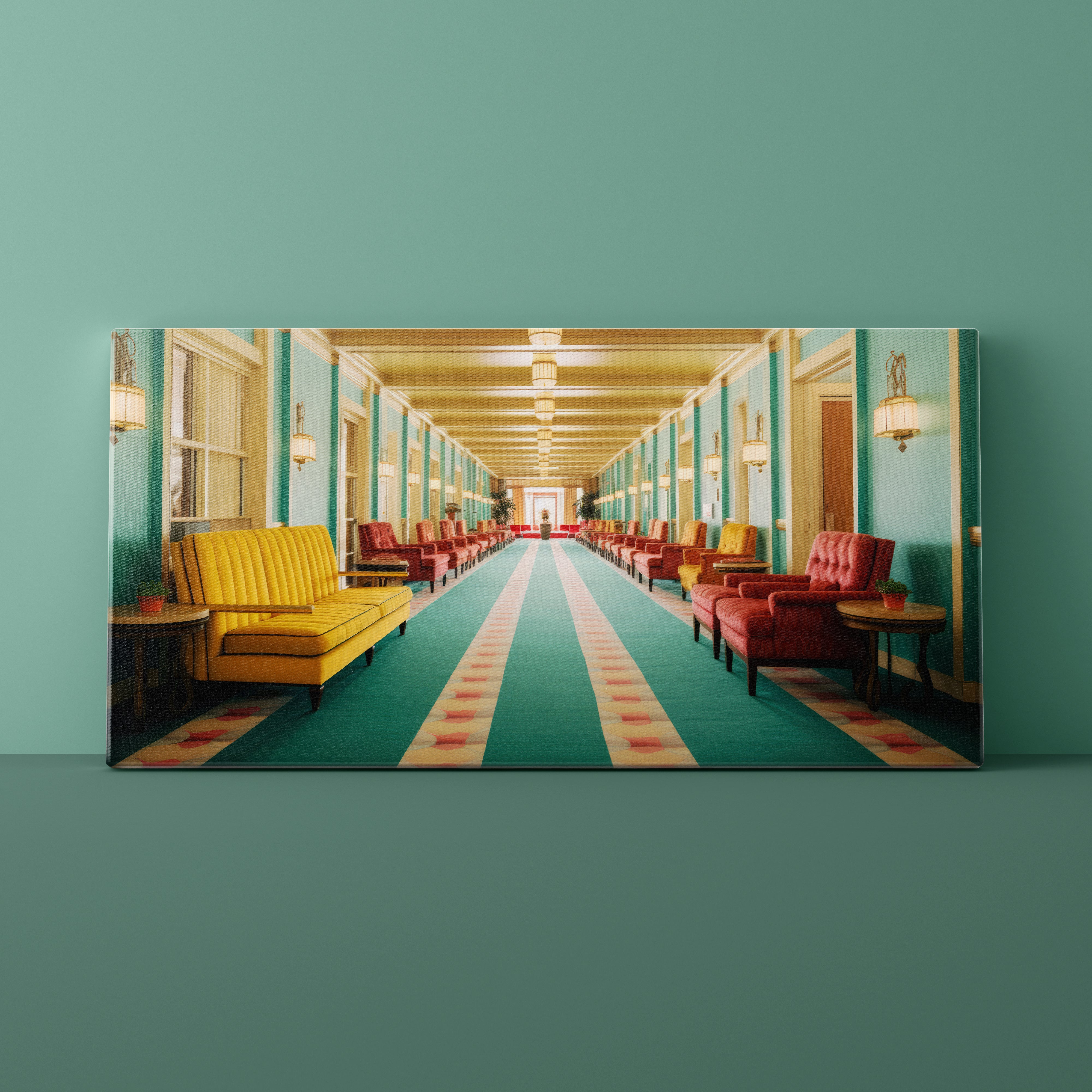 Long corridor with yellow and red furniture against a green wall