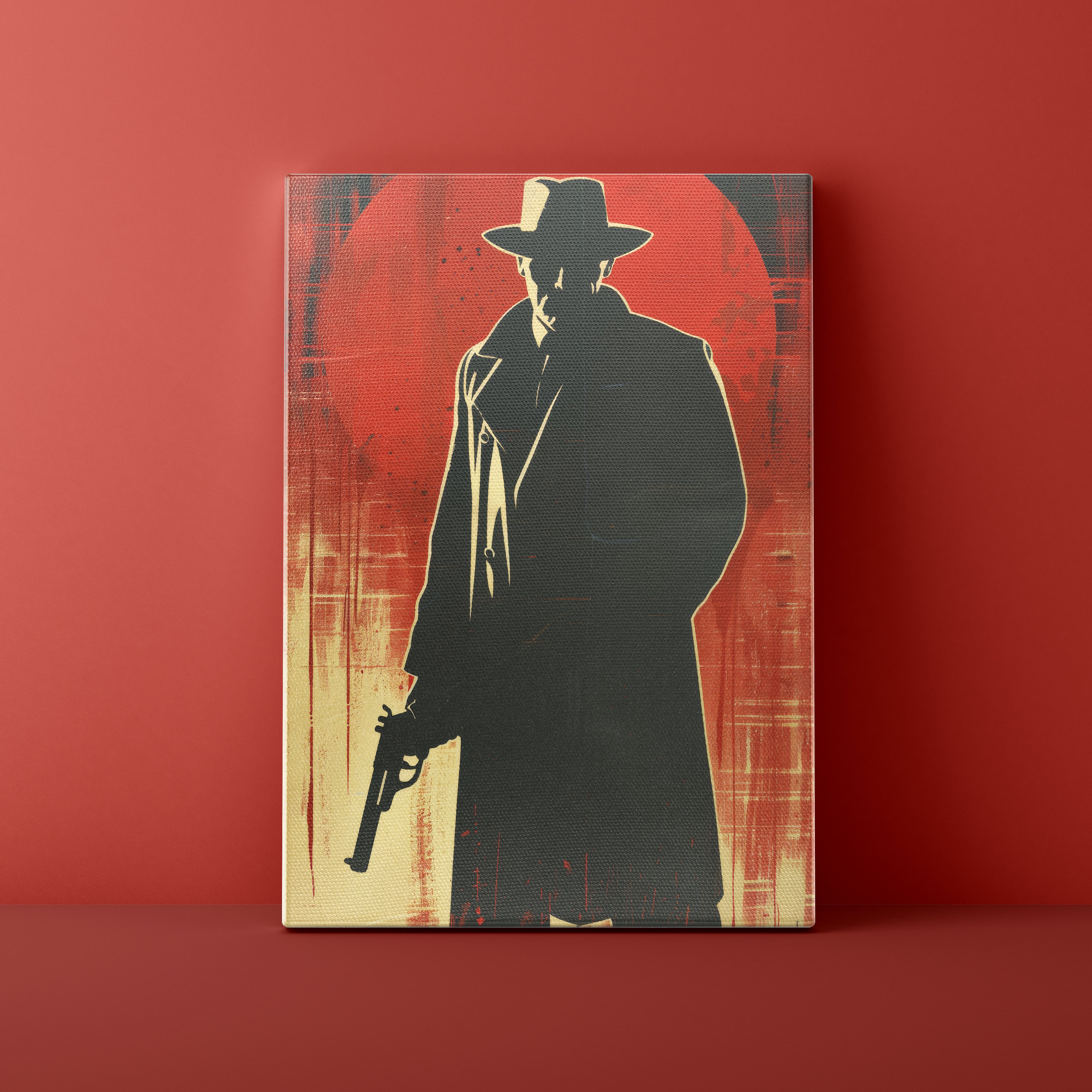 Silhouette of a man in a trench coat and hat holding a gun against a red background