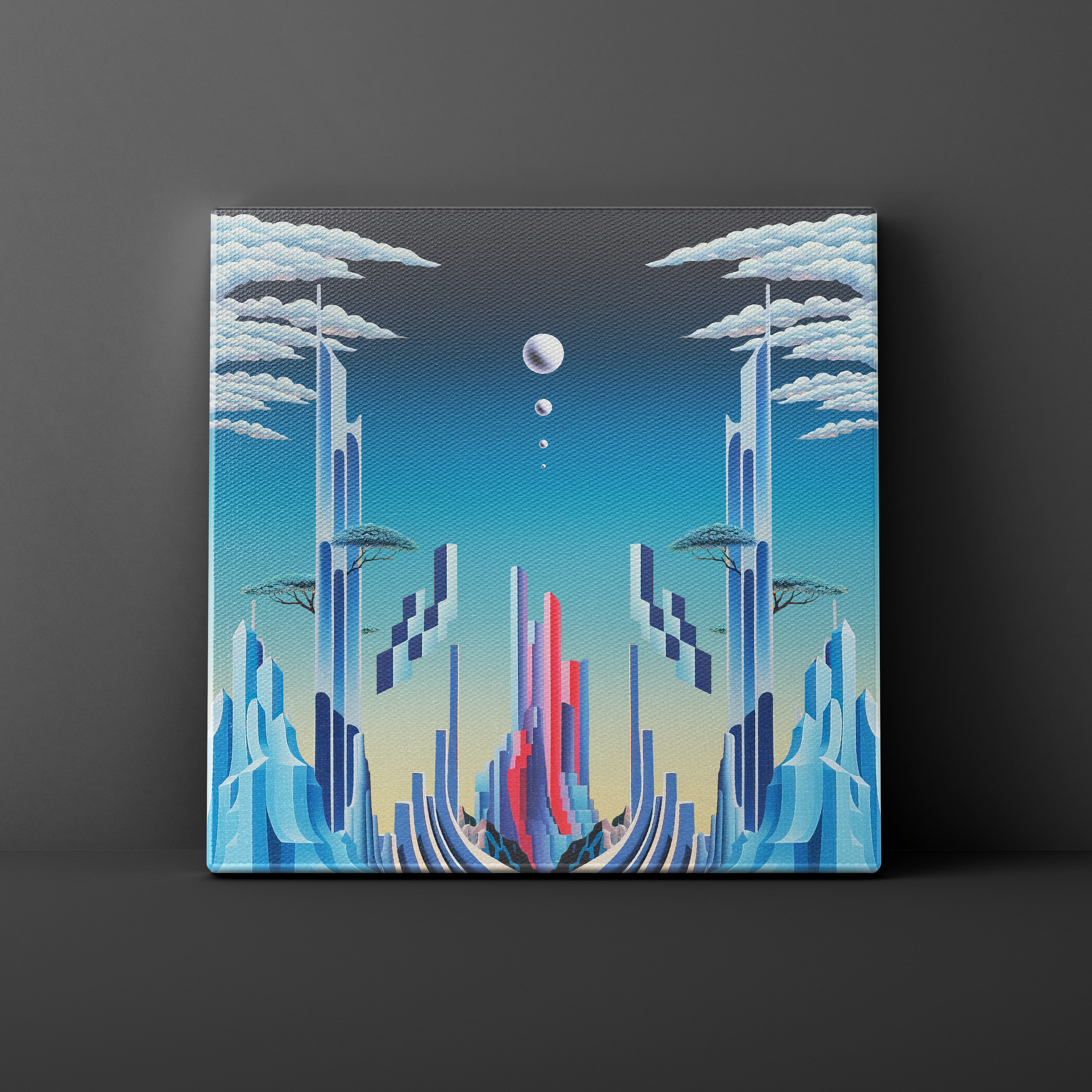 Futuristic landscape with tall structures and a moon in the sky on a dark gray background