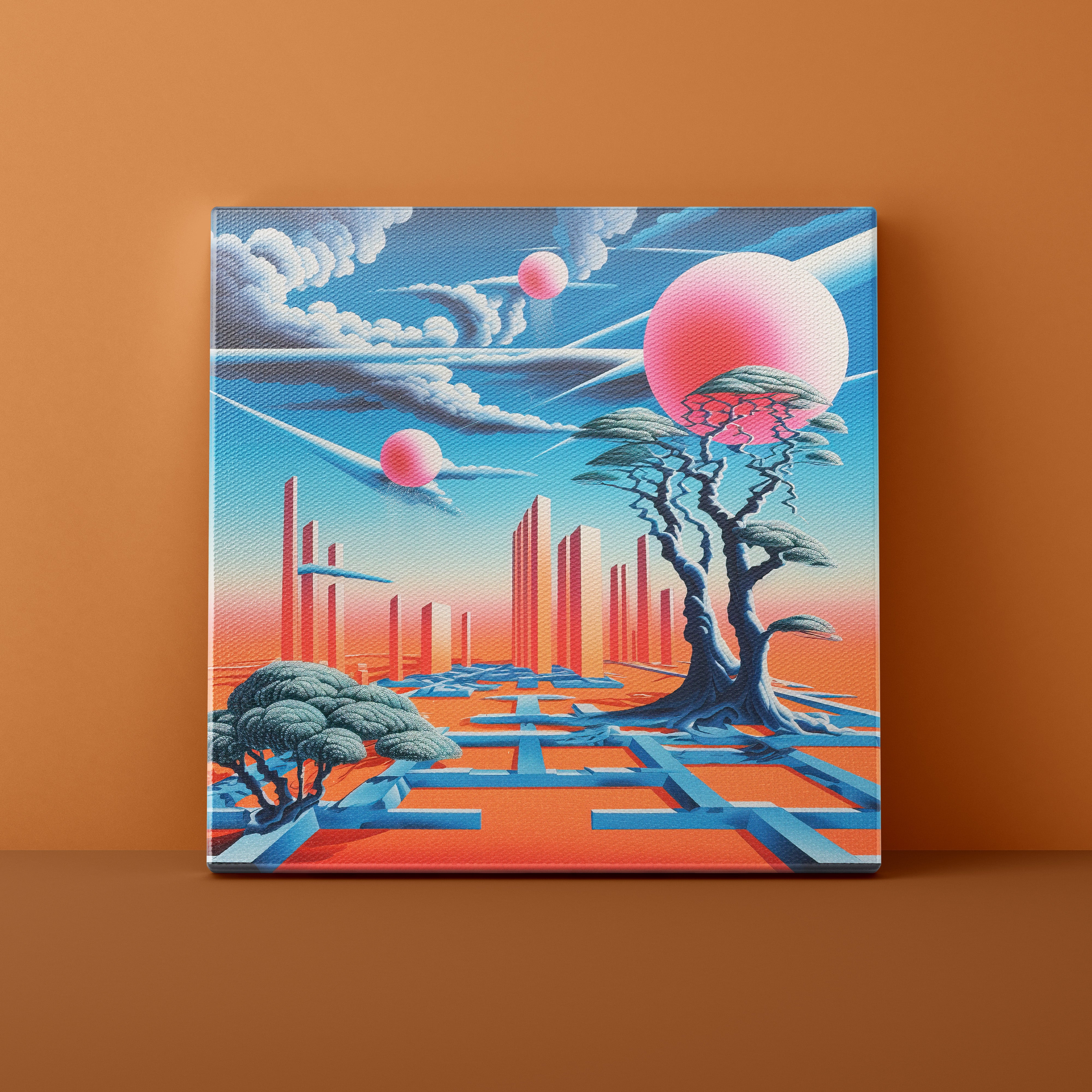Futuristic cityscape with trees and pink planets on a brown background