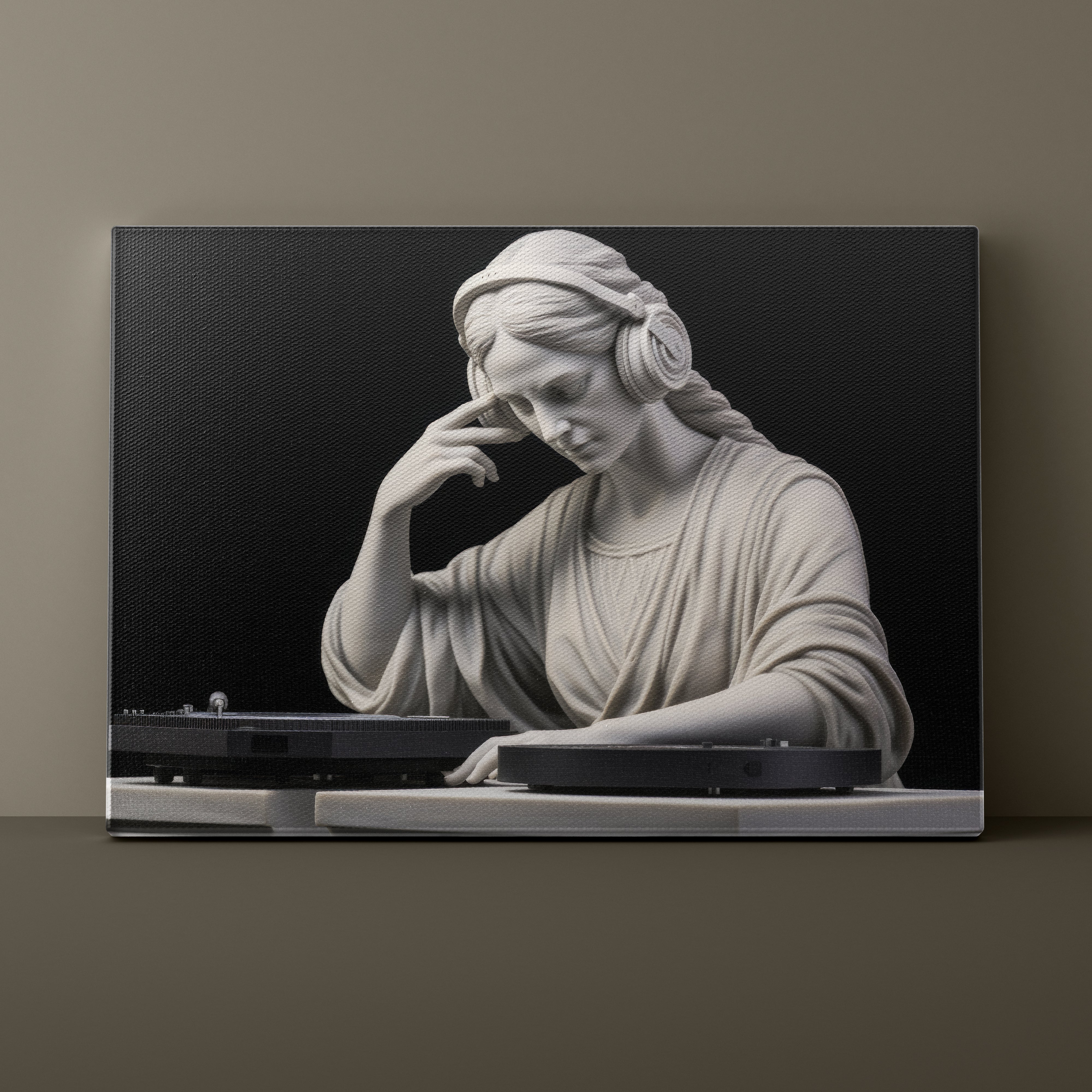 Statue of a woman with headphones on a turntable against a dark background