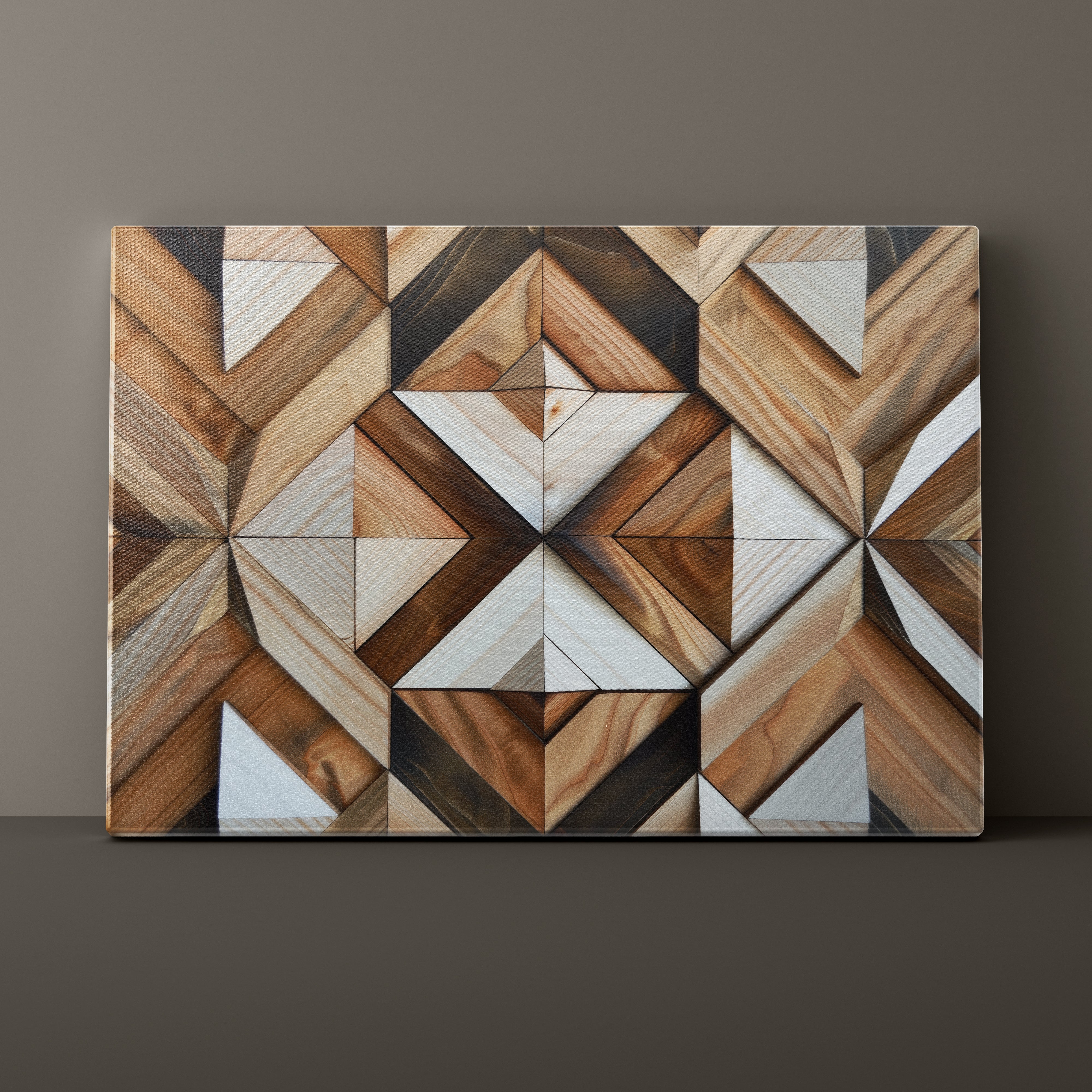 Wooden geometric wall art on a dark background